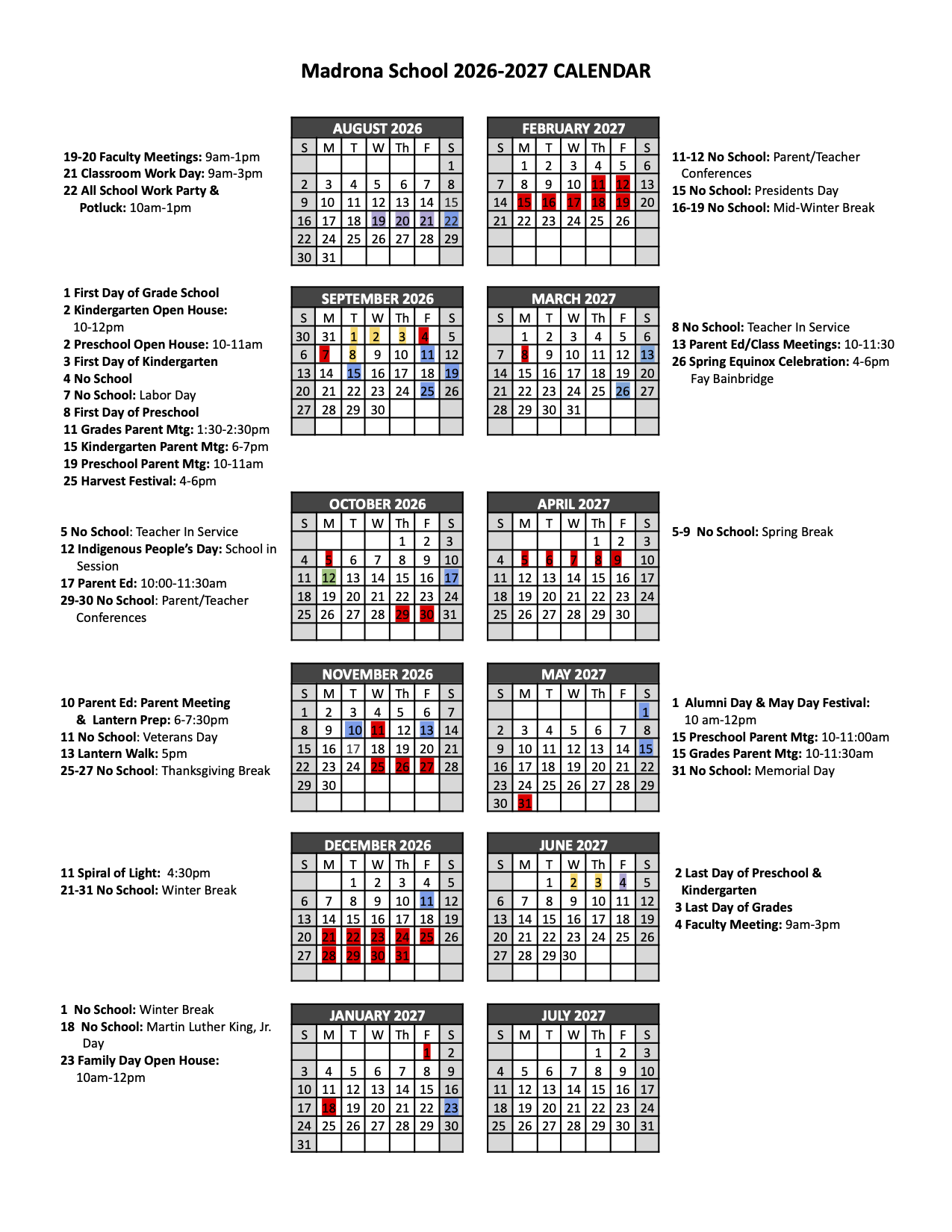 2026-2.027 Madrona School Calendar