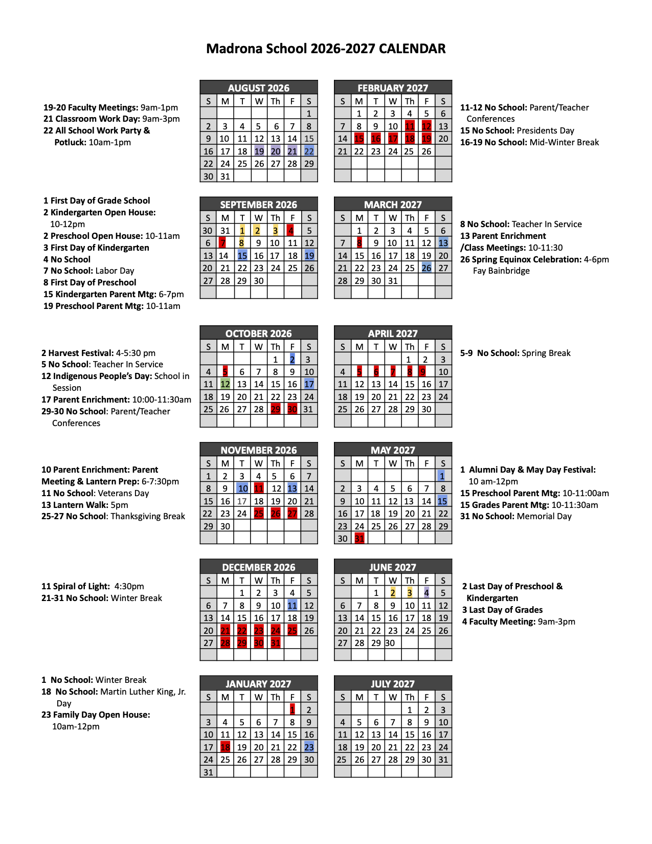 Madrona School 2026-27 Calendar