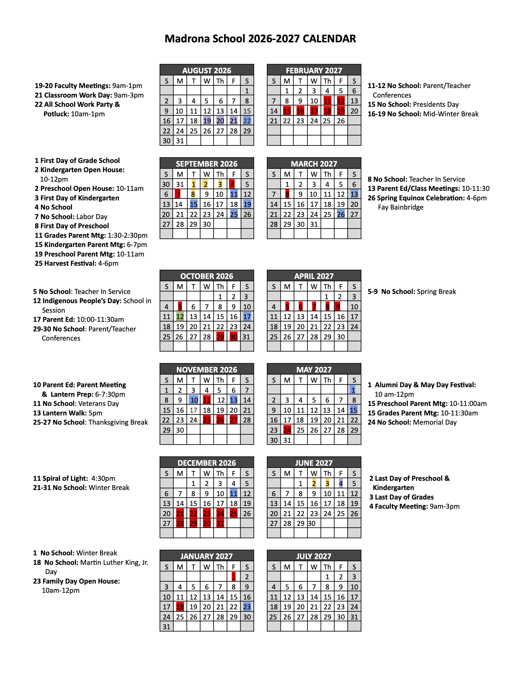 2026 - 2027 Madrona School Calendar
