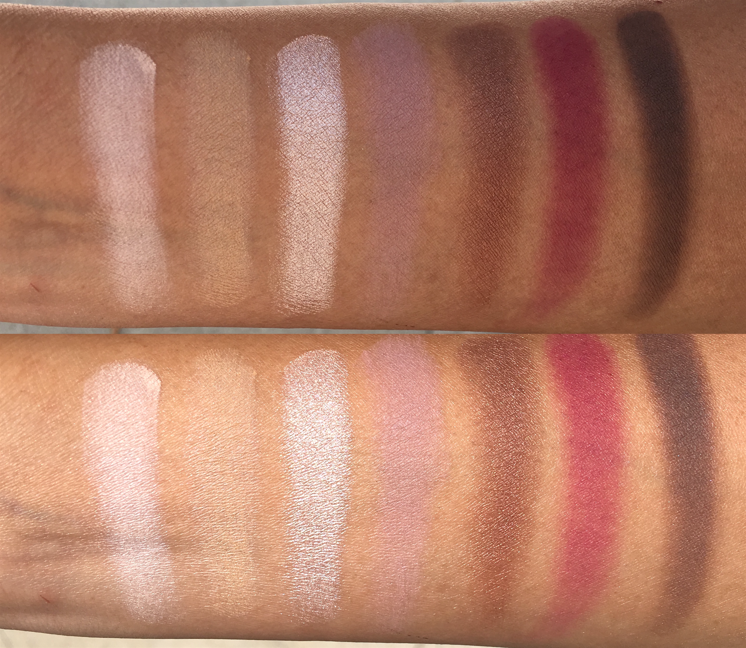Top picture taken in indirect sunlight, bottom picture taken in direct sunlight. Left to right: Tempera, Golden Ochre, Vermeer, Buon Fresco, Antique Bronze, Love Letter, Cyprus Umber
