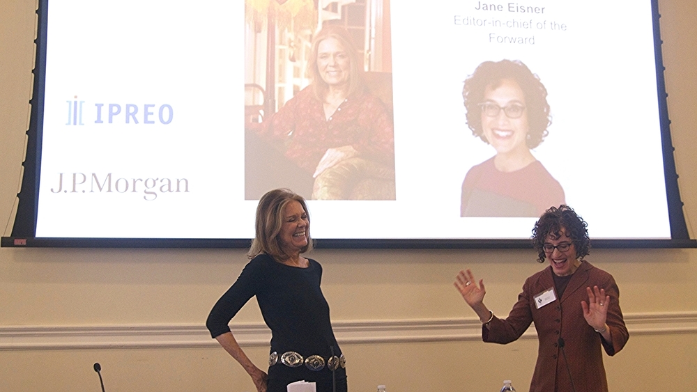  Gloria Steinem and Jane Eisner deliver the keynote Q&amp;A at the Columbia Women's Leadership Conference in April 2014. 