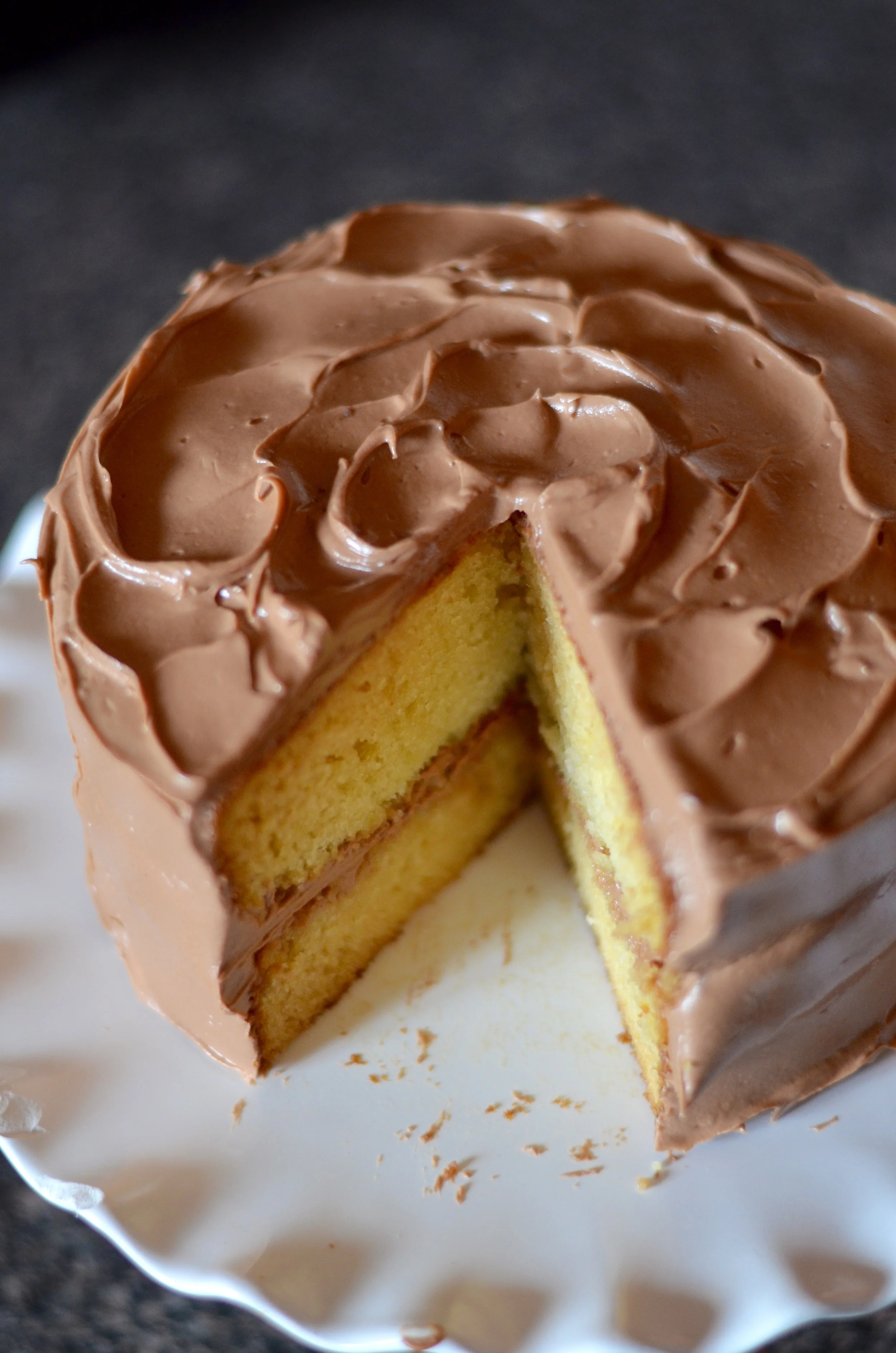 butter cake with milk chocolate icing