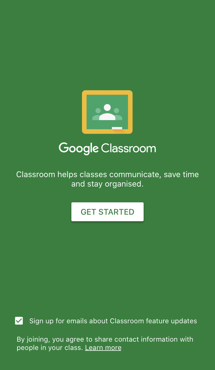 Google Classroom App - start screen