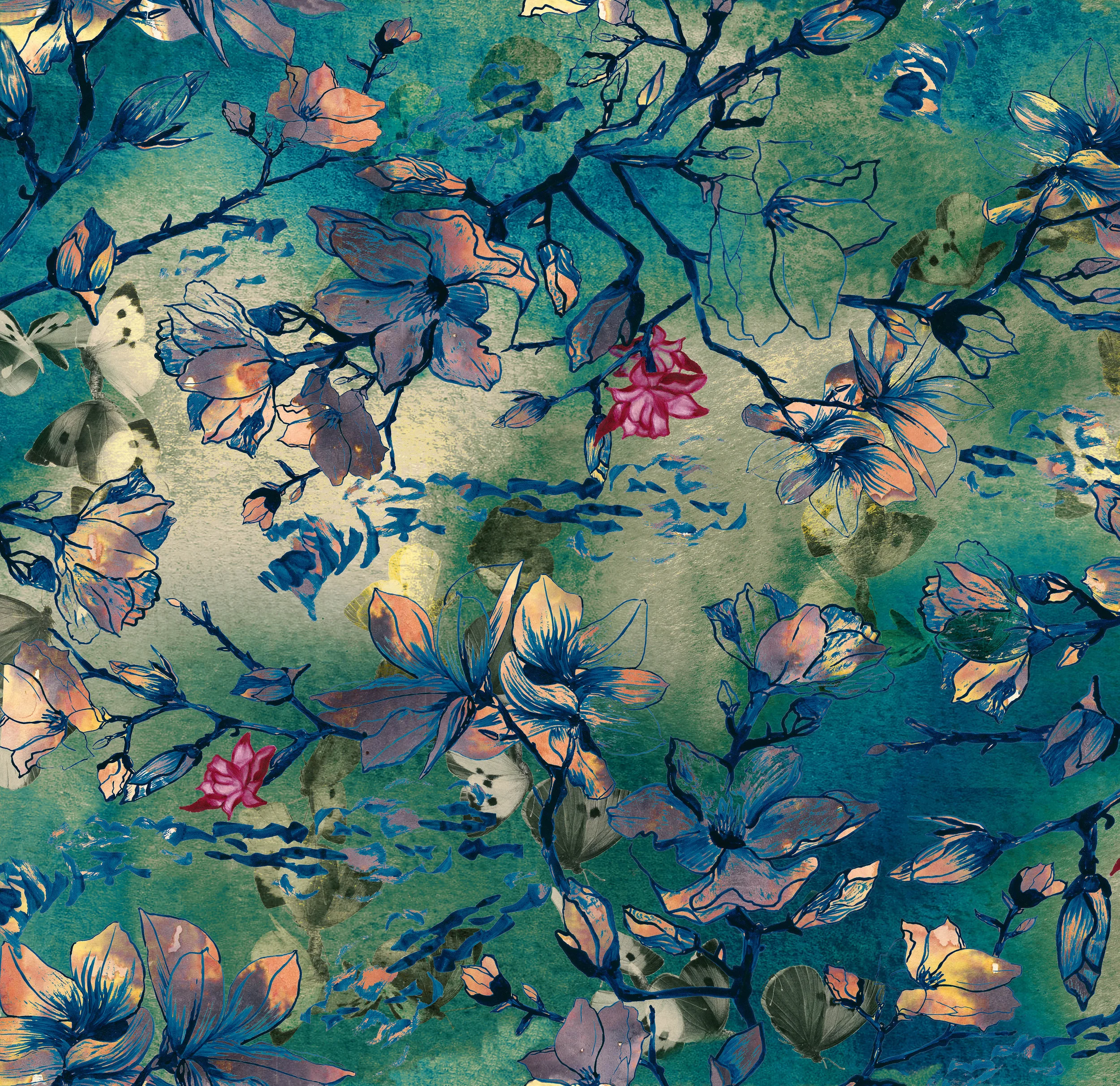 magnolia butterfly silk kimono print design green 