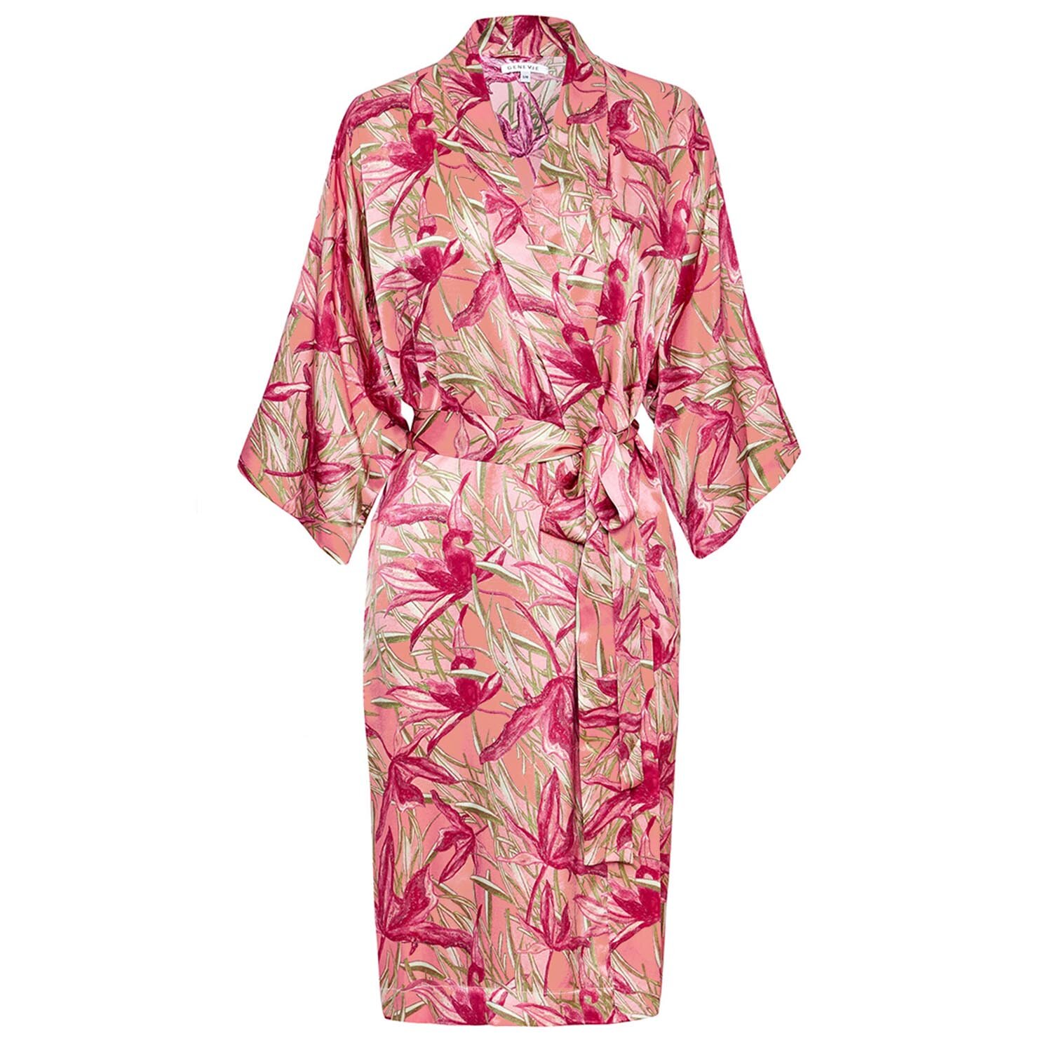 Floral Print Pink Silk Kimono Robe | Rose Lily — GENEVIE