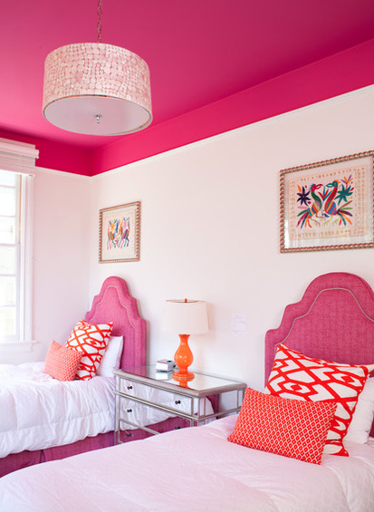 Pink and orange bedroom with painted ceiling