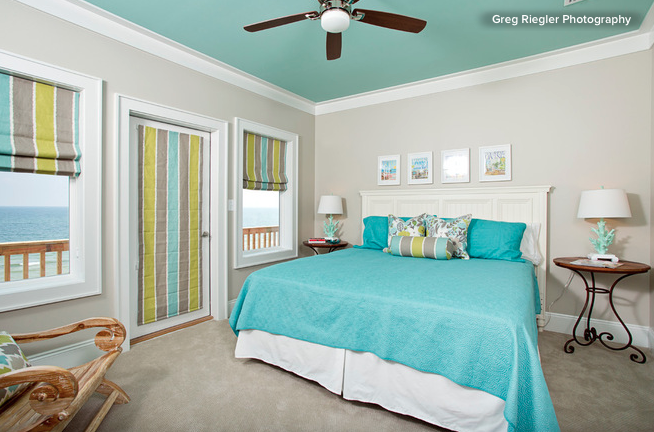 Master bedroom with blue ceiling