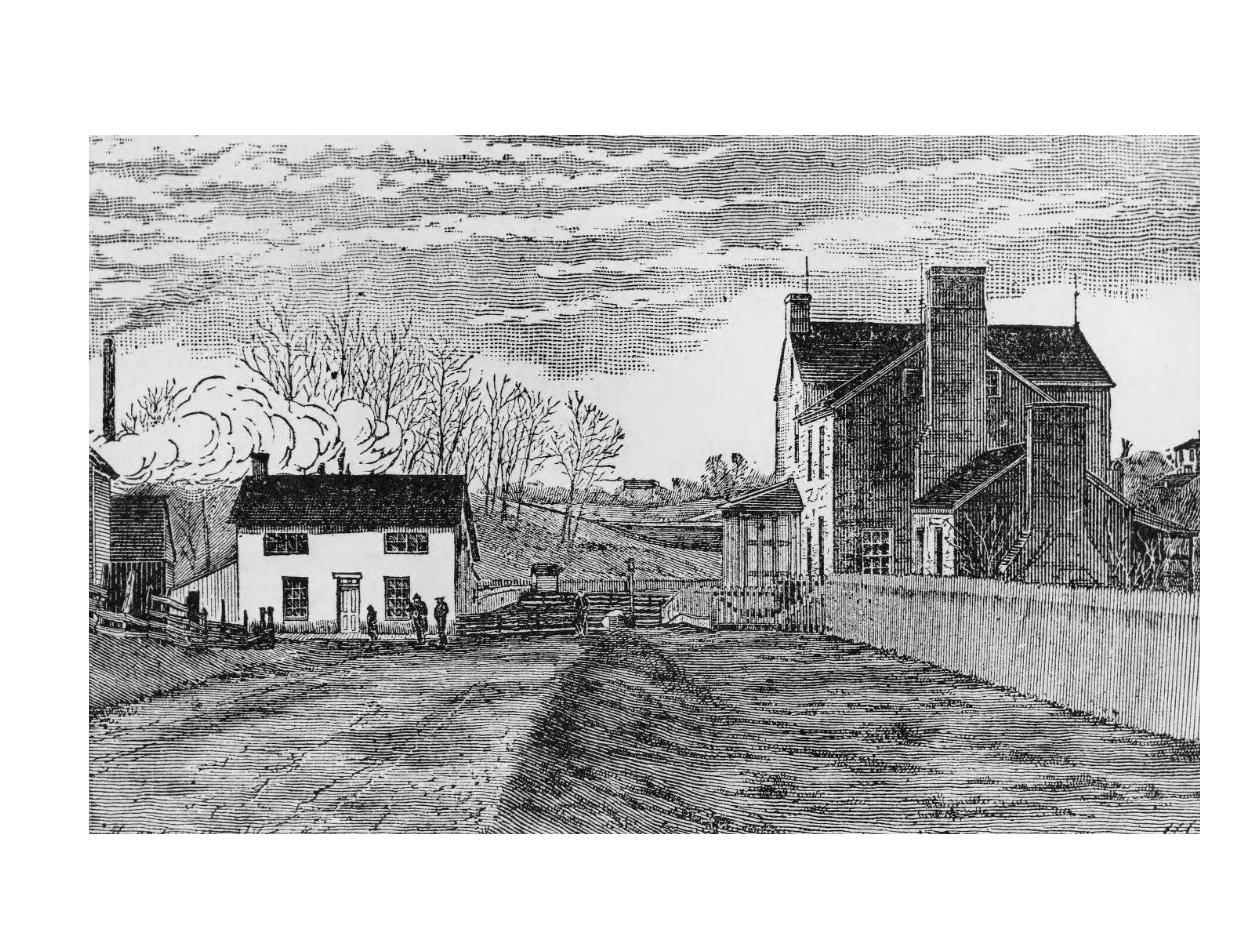 Woodcut depicting the Boyhood Home and Tannery, 1880s.