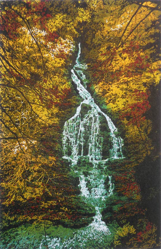 “Deep Wood Falls” 9-color reduction linocut print, 17” x 11”