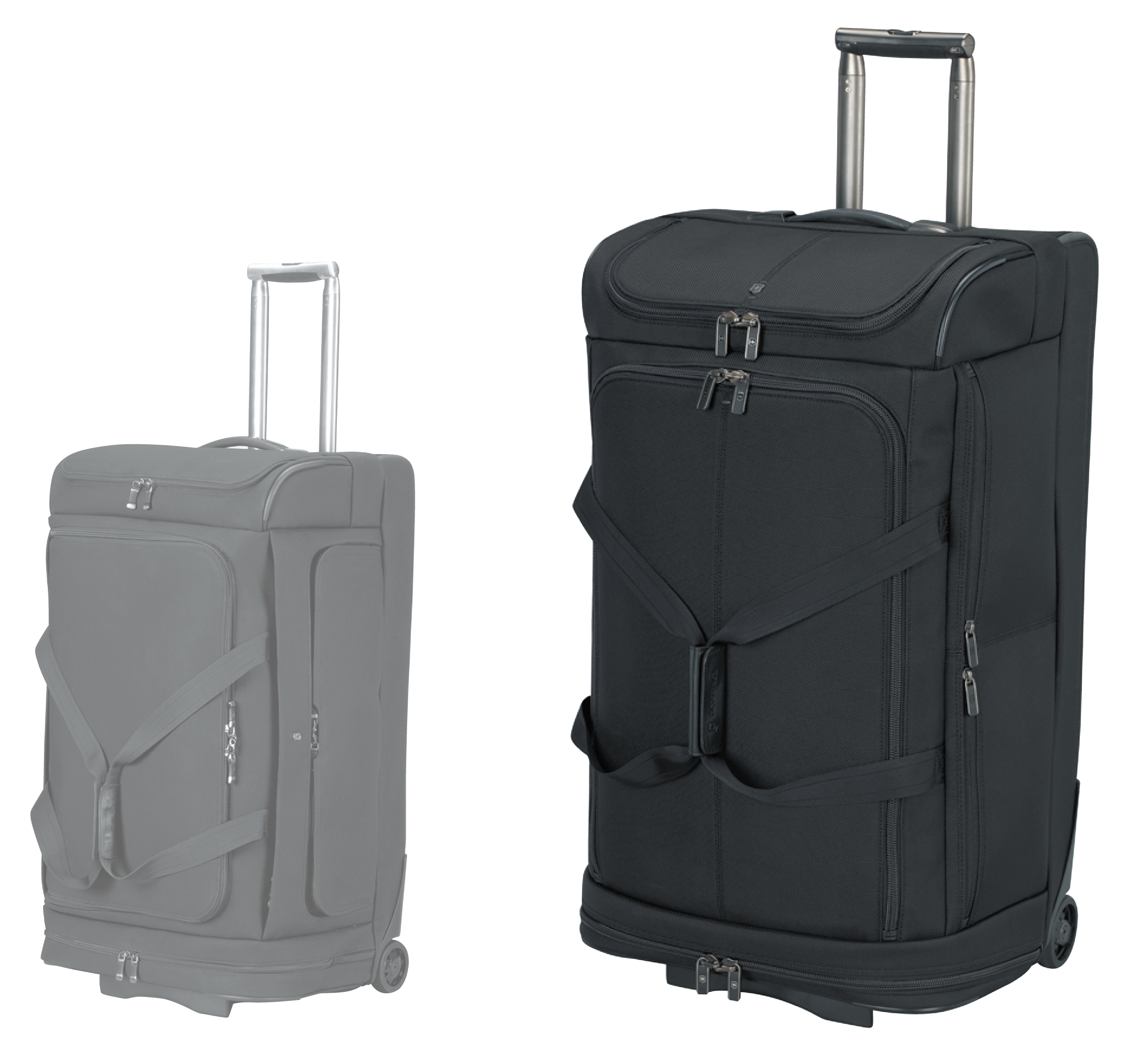 Bottom pockets on wheeled duffles are notoriously difficult to use. I found a solution that allowed the pocket to open fully and still support the duffle when upright.