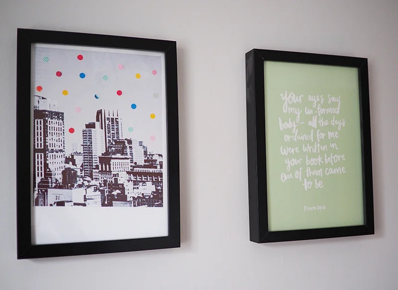 The print on the left is by Laura Redburn - Its not for sale in her shop but I saw it on her blog and she kindly made it into a print for me a while ago. The print on the right is one of mine and is available in my shop . You can choose between grey and green because its double sided.