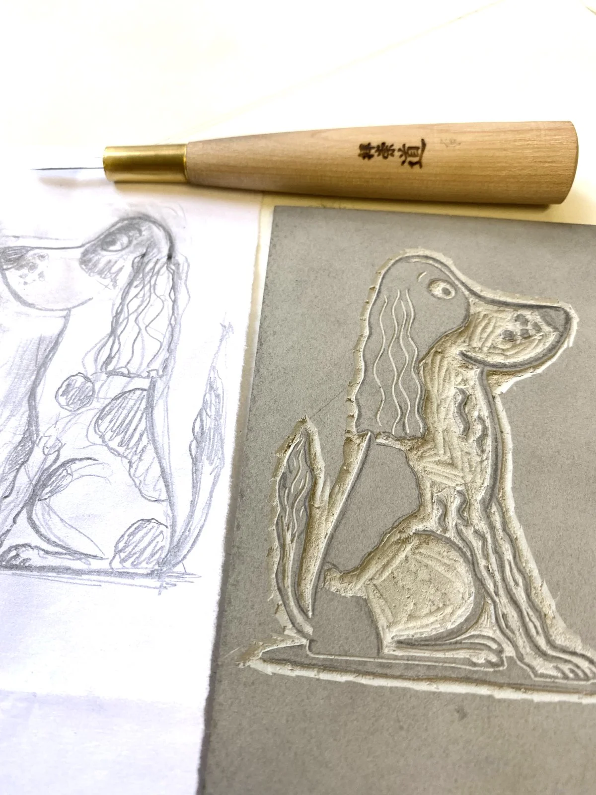 Spaniel dog linocut print