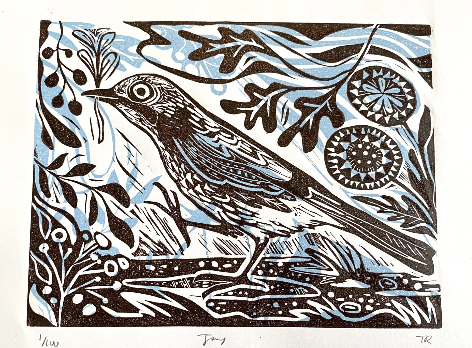 Jay linocut print