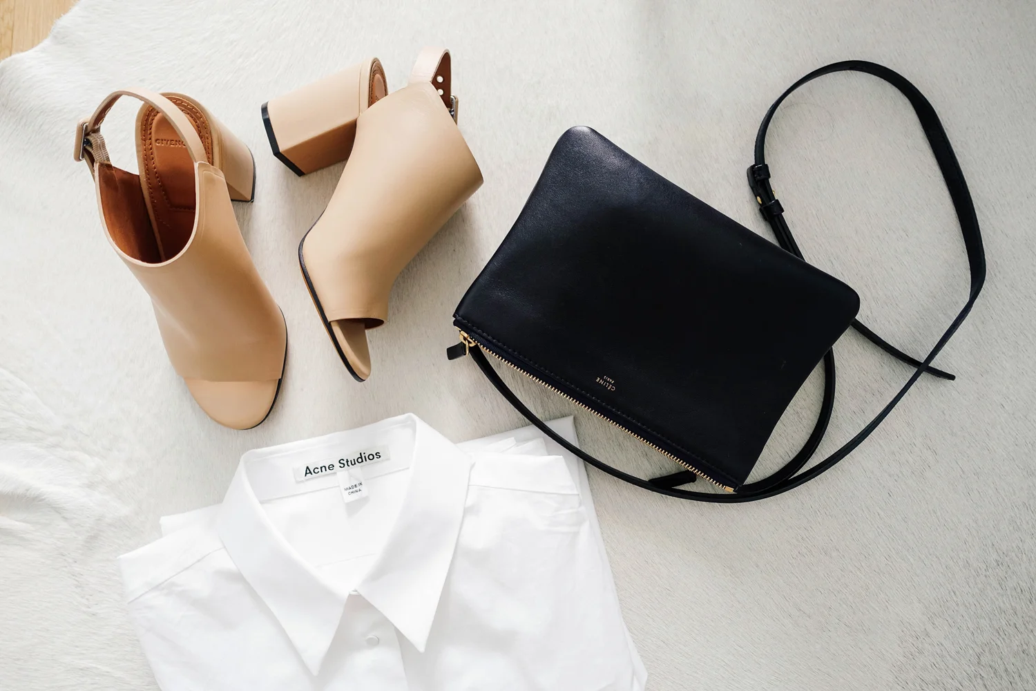 Givenchy Sandals ( Black , White ), Acne Studios Shirt ( Similar ), Céline Bag ( Similar , Similar )