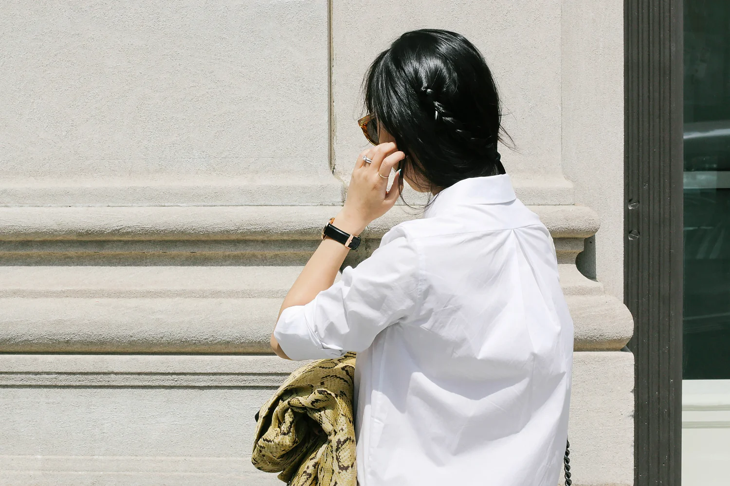 Acne Studios Shirt ( Similar ), Stella McCartney Jacket , Céline Sandals , Chanel Bag ( Similar ), Daniel Wellington Watch (15% off—'eggcanvas'), Illesteva Sunglasses ( Lighter Tortoise ), Saint Laurent Ring ( Similar ), Catbird Ring