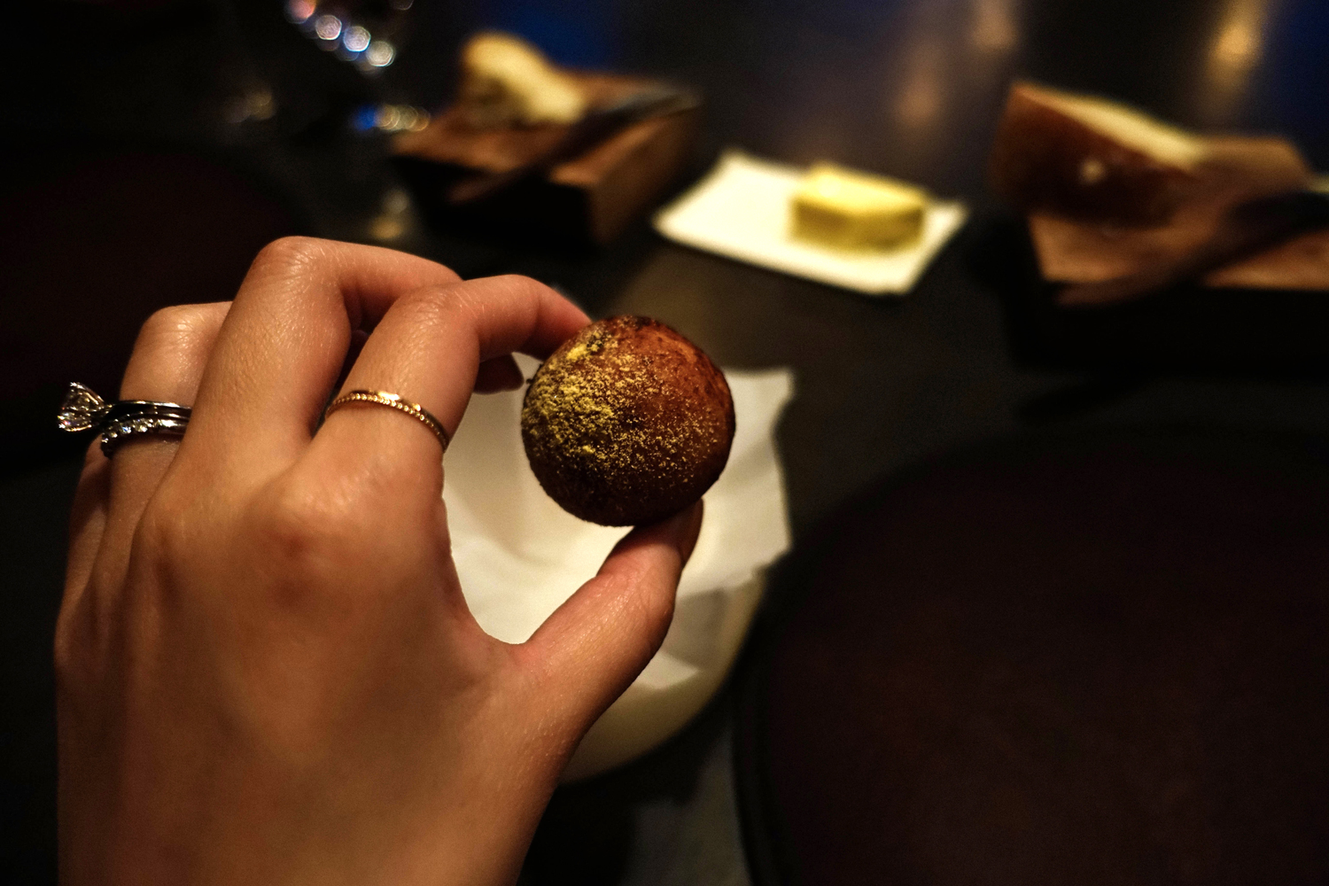 Hushpuppy with smoked yolk, corn
