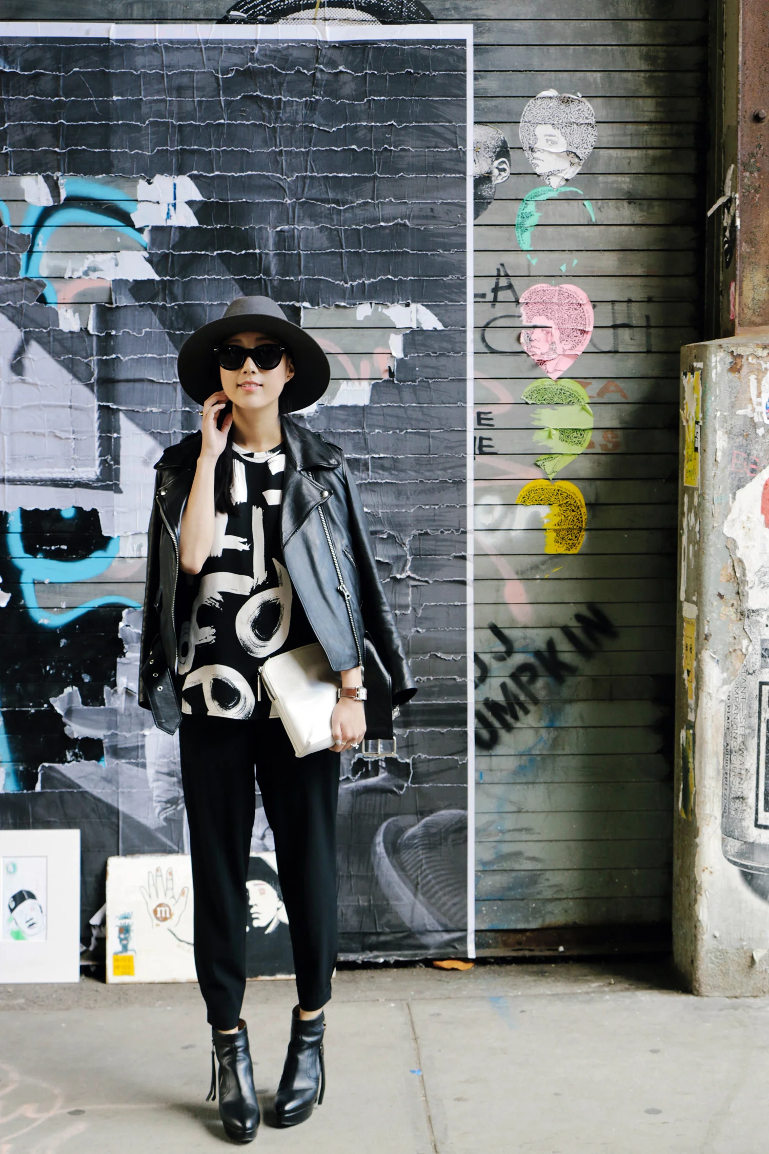 Acne Studios Jacket , Proenza Schouler Top ( in Black ), Vince Pants, Acne Studios Boots , 3.1 Phillip Lim Clutch ( in Black ), Saint Laurent Hat and Ring, Céline Sunglasses, Hermes Watch
