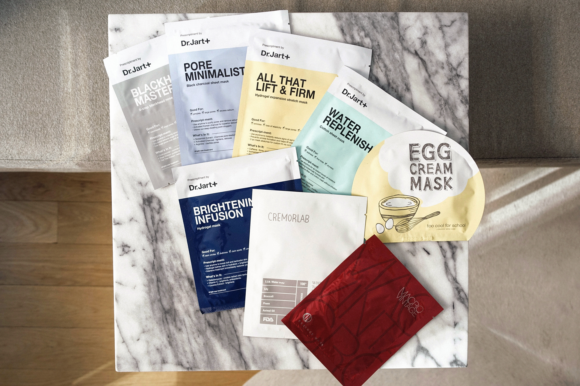 Dr. Jart Masks, Cremorlab Floral Mask, Too Cool For School Egg Mask, Koh Gen Do Essence Mask