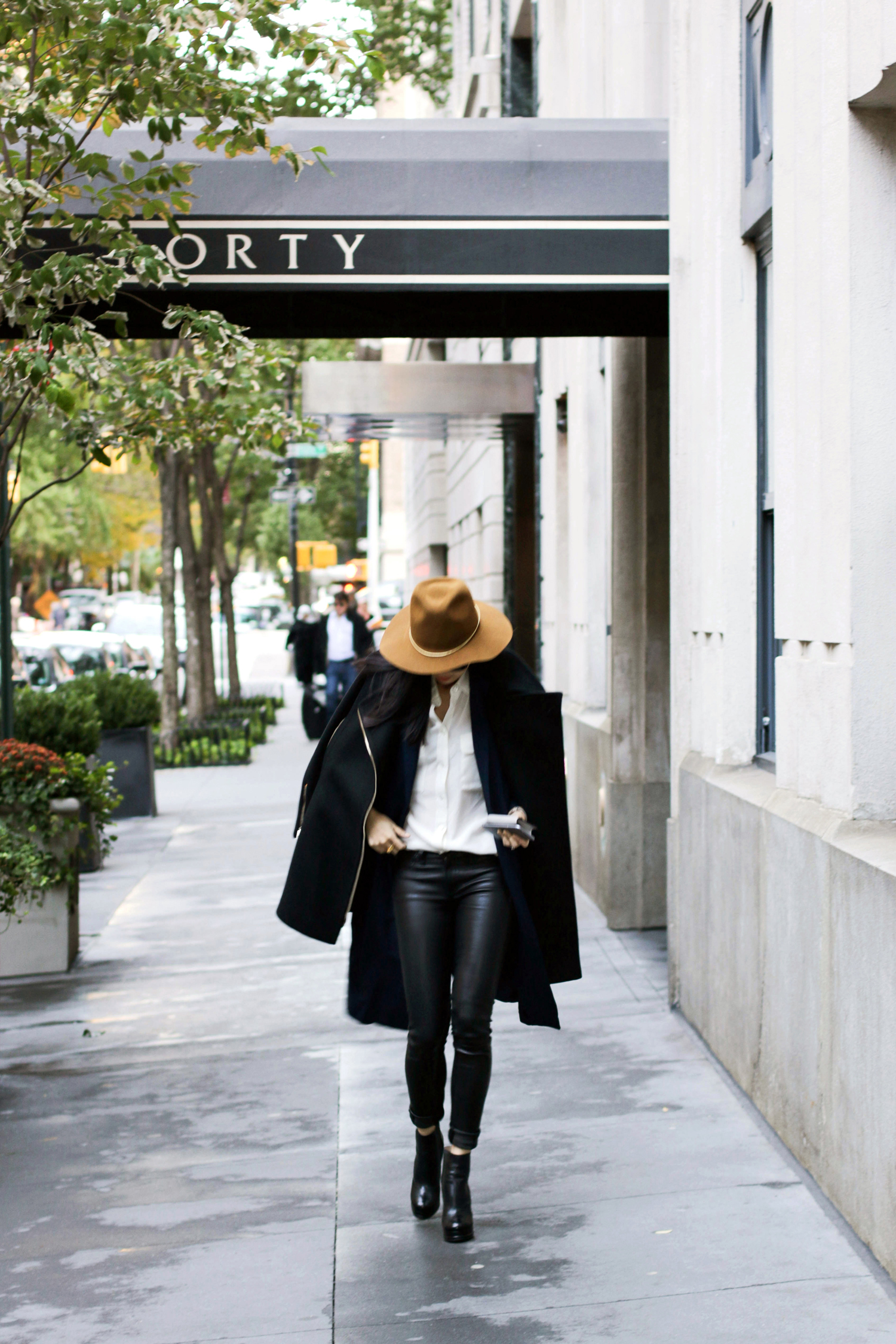 Equipment Top , Rag & Bone Leather Jeans , Asos Duster Coat , Stella McCartney Coat , Janessa Leone Hat , The Row Sunglasses , Gjenmi Necklace , Chanel Shoes and Bag