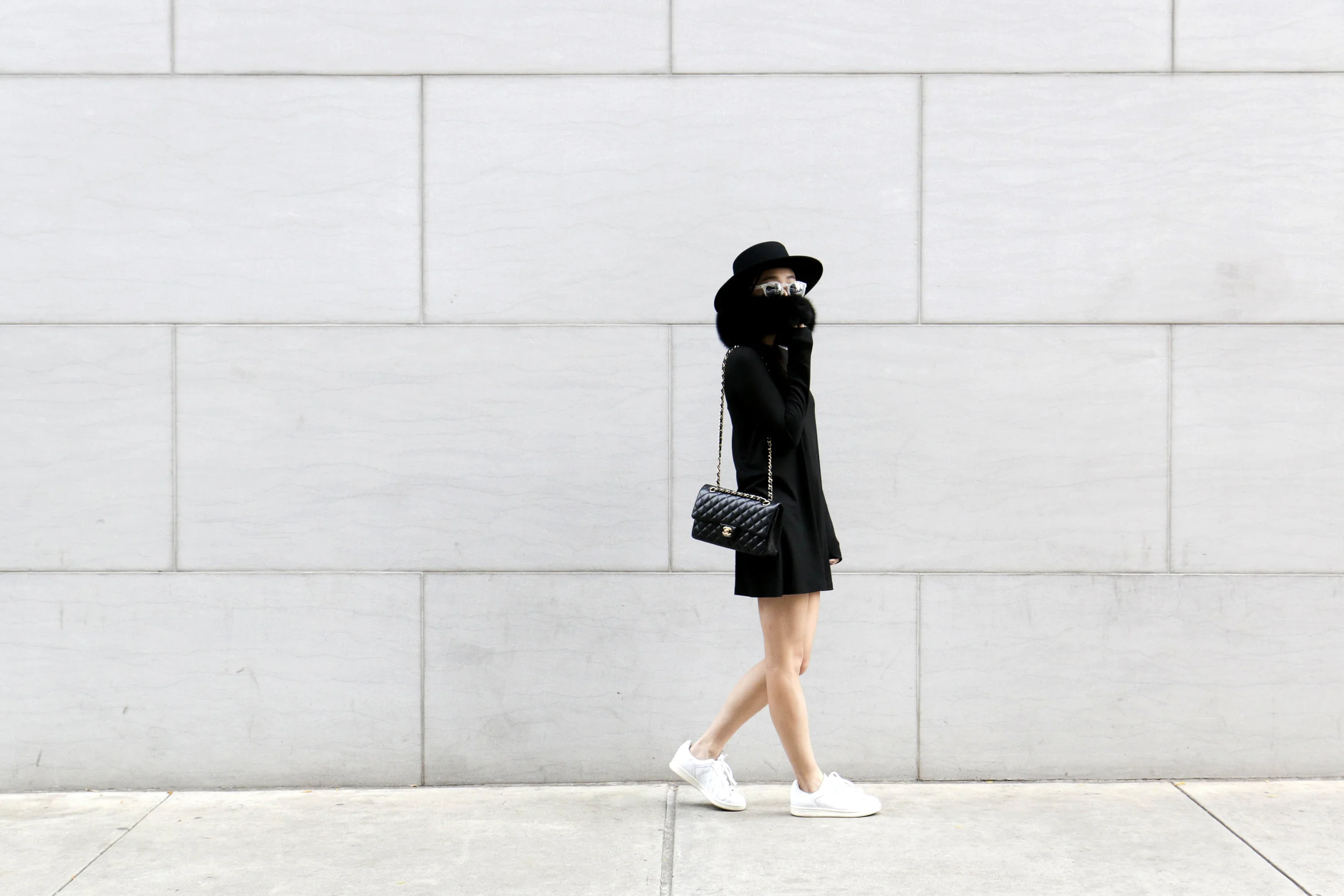Marie Hell Emerge Tunic Dress, Adidas Sneakers, Chanel Bag, Illesteva Sunglasses, Janessa Leone Hat, Vintage Fur Scarf