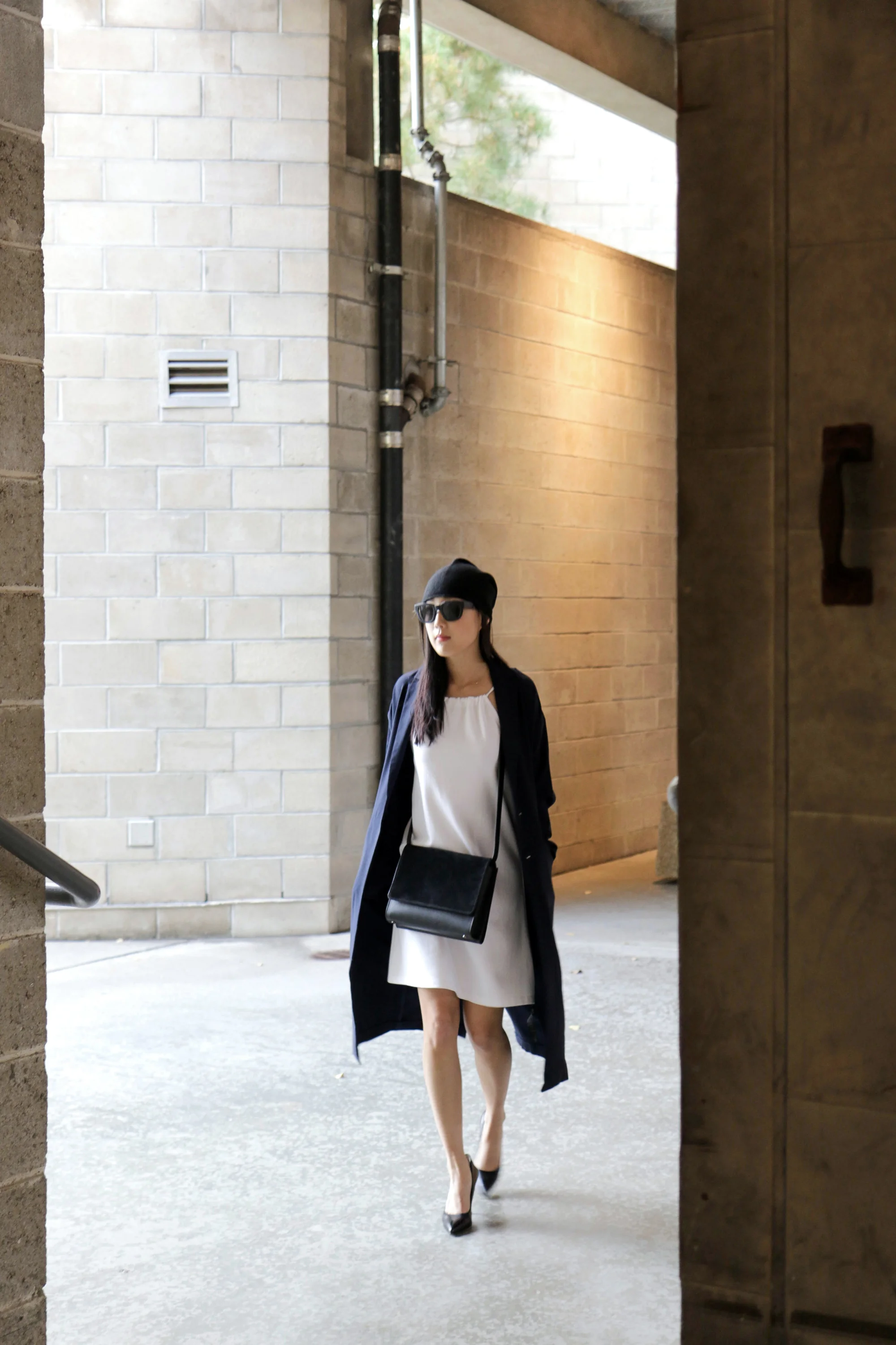 Marie Hell Tied Tunic Dress, Asos Coat, Everlane Bag, Acne Studios Sunglasses, COS Beanie