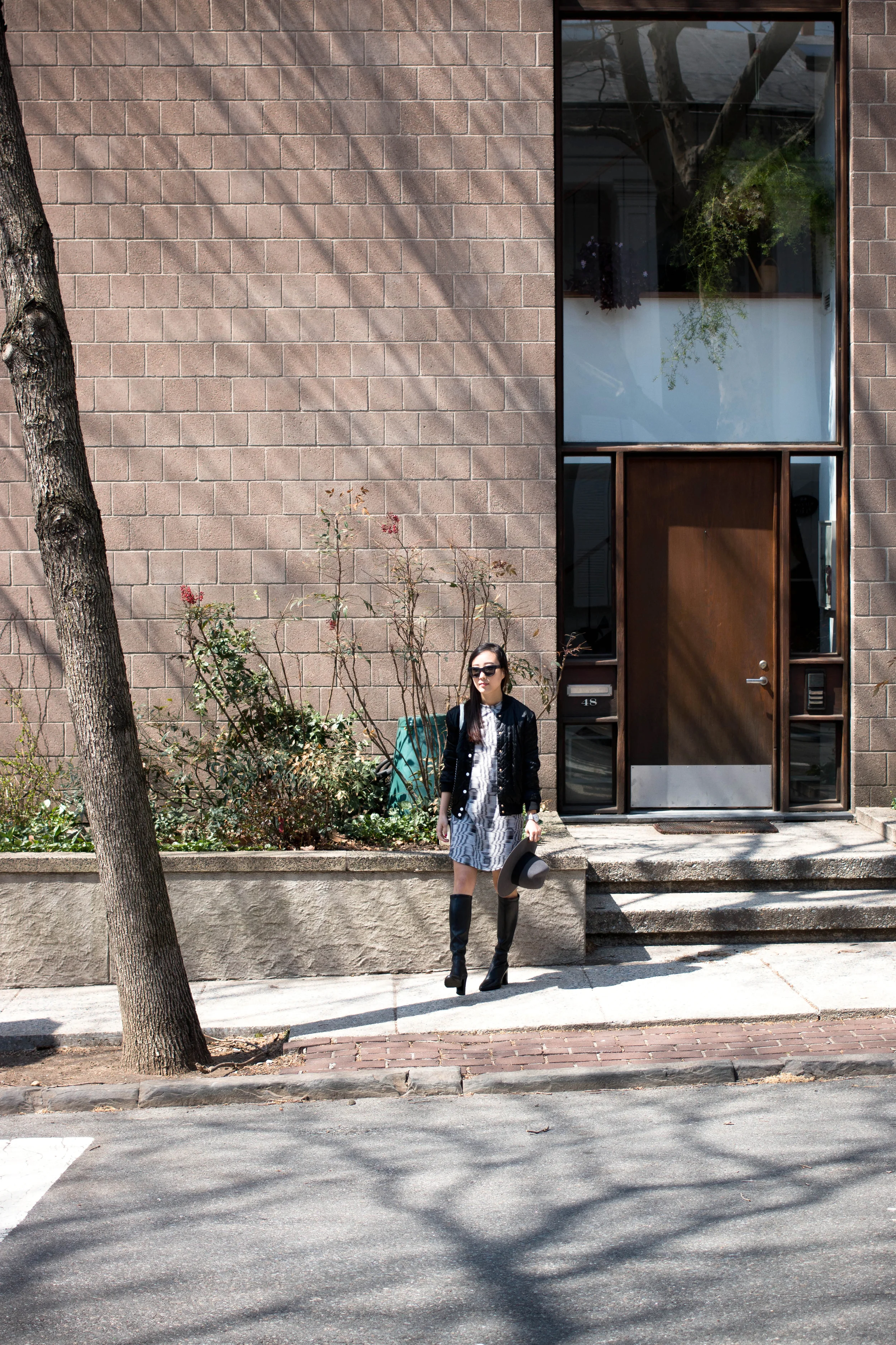 Maison Kitsune Jacket, Public School Dress , Balenciaga Boots, Saint Laurent Hat, Chanel Bag, Acne Studios Sunglasses, Larsson & Jennings Watch
