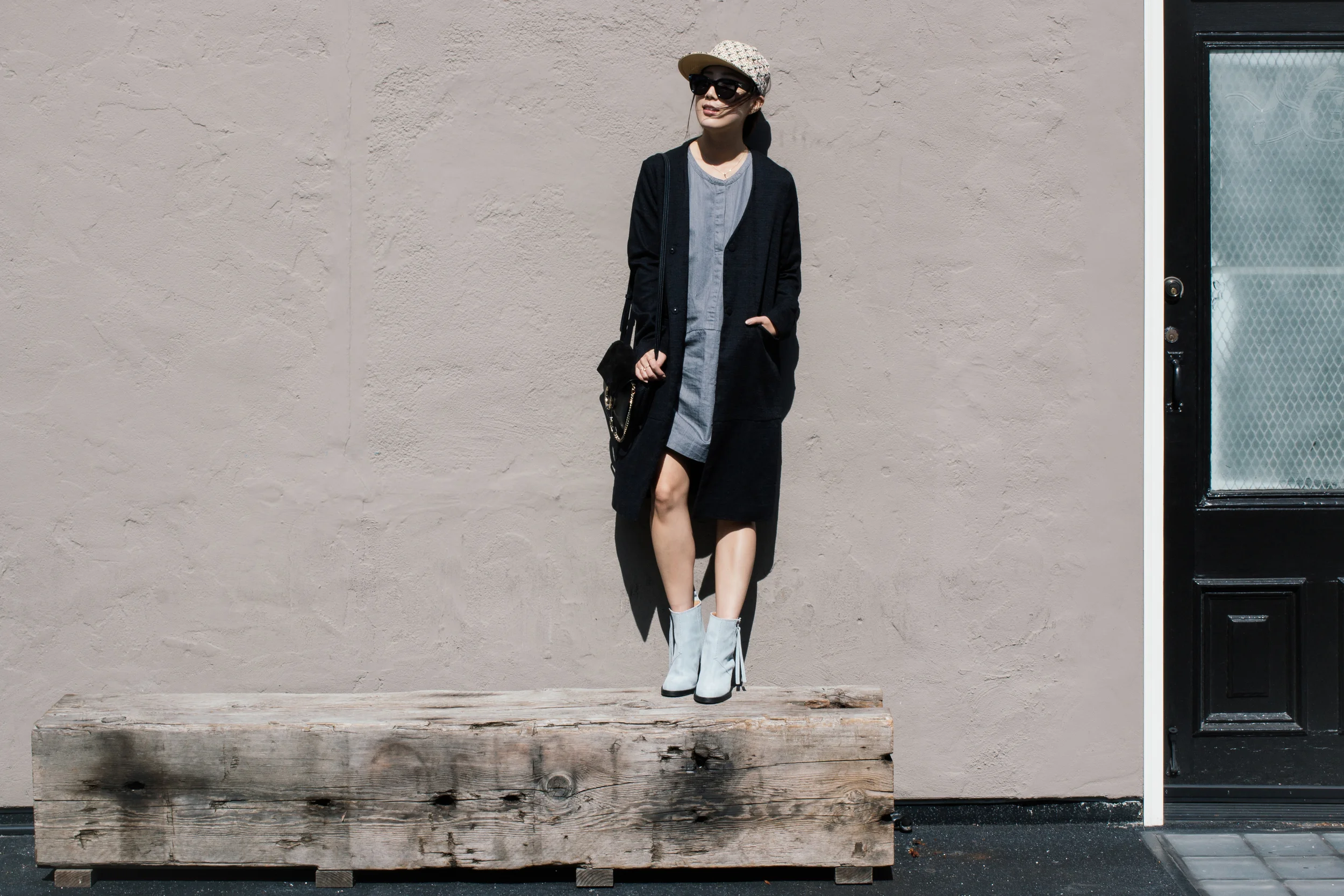 Courri Jacket , Everlane Dress , Acne Studios Boots , Chloé Bag , Kenzo Hat, Céline Sunglasses
