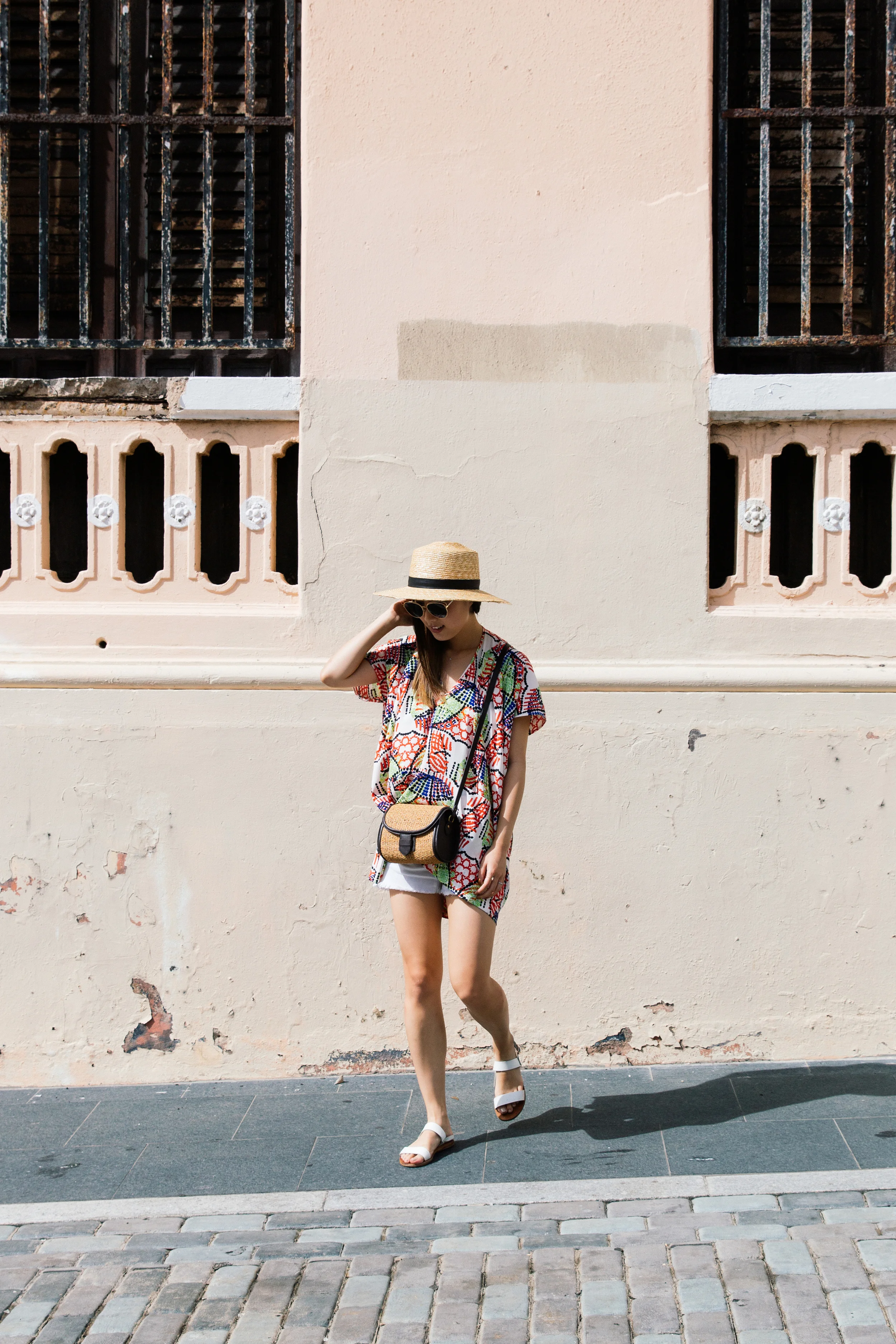 Zero + Maria Cornejo Top, Frame Denim Shorts , Ancient Greek Sandals , Club Monaco Bag, Janessa Leone Hat , Dior Sunglasses