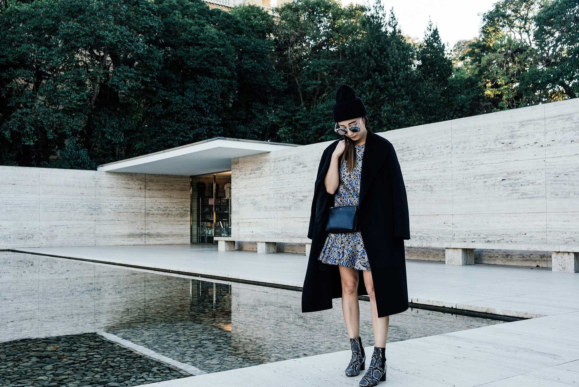 Kuho Coat, Mary Katrantzou Dress, Isabel Marant Boots , Céline Bag, Gentle Monster Sunglasses, Stella McCartney Beanie