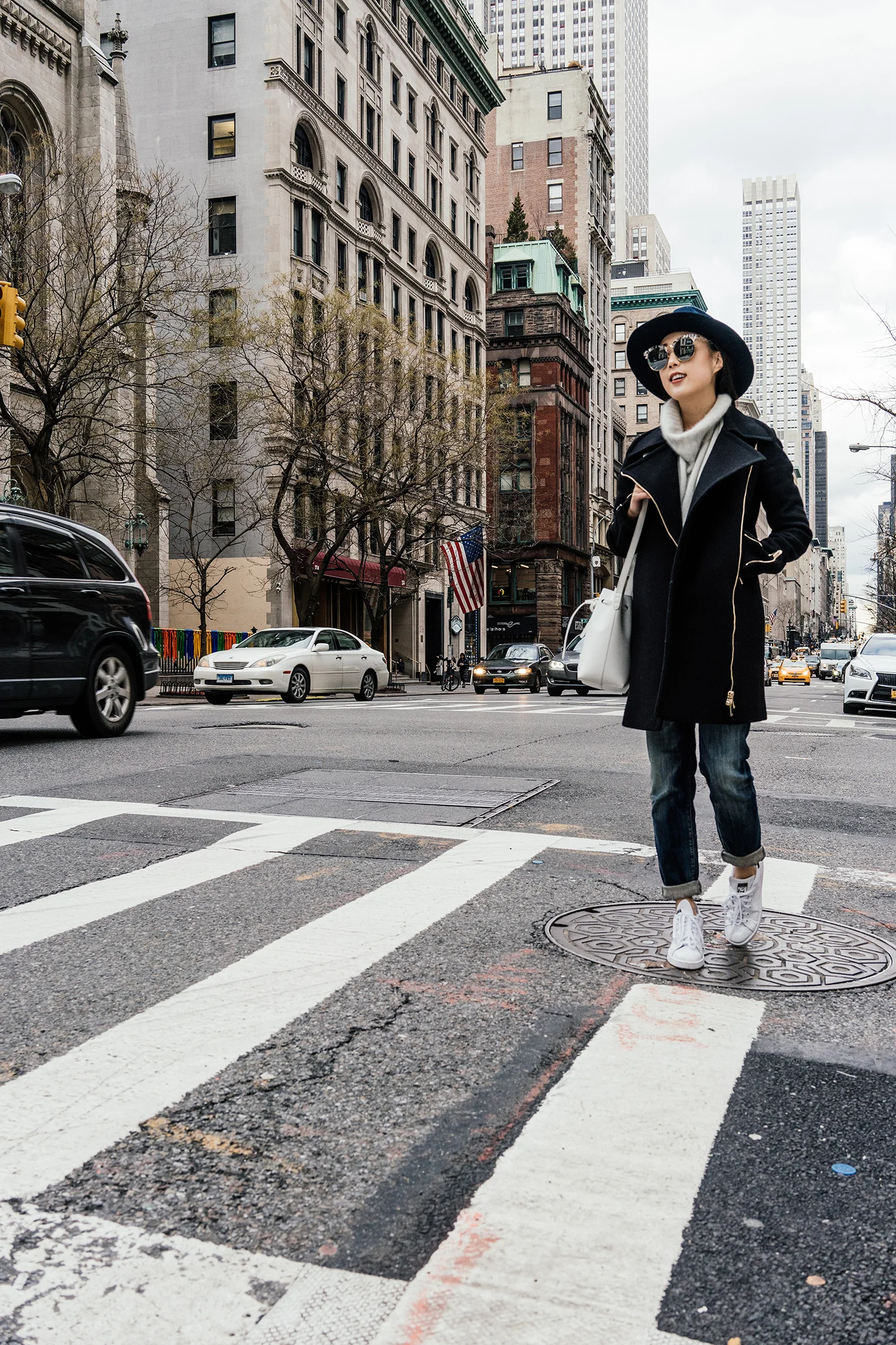 Stella McCartney Coat, Pas de Calais Sweater , R13 Denim , Adidas Sneakers , Janessa Leone Hat , Mansur Gavriel Bag , Gentle Monster Sunglasses
