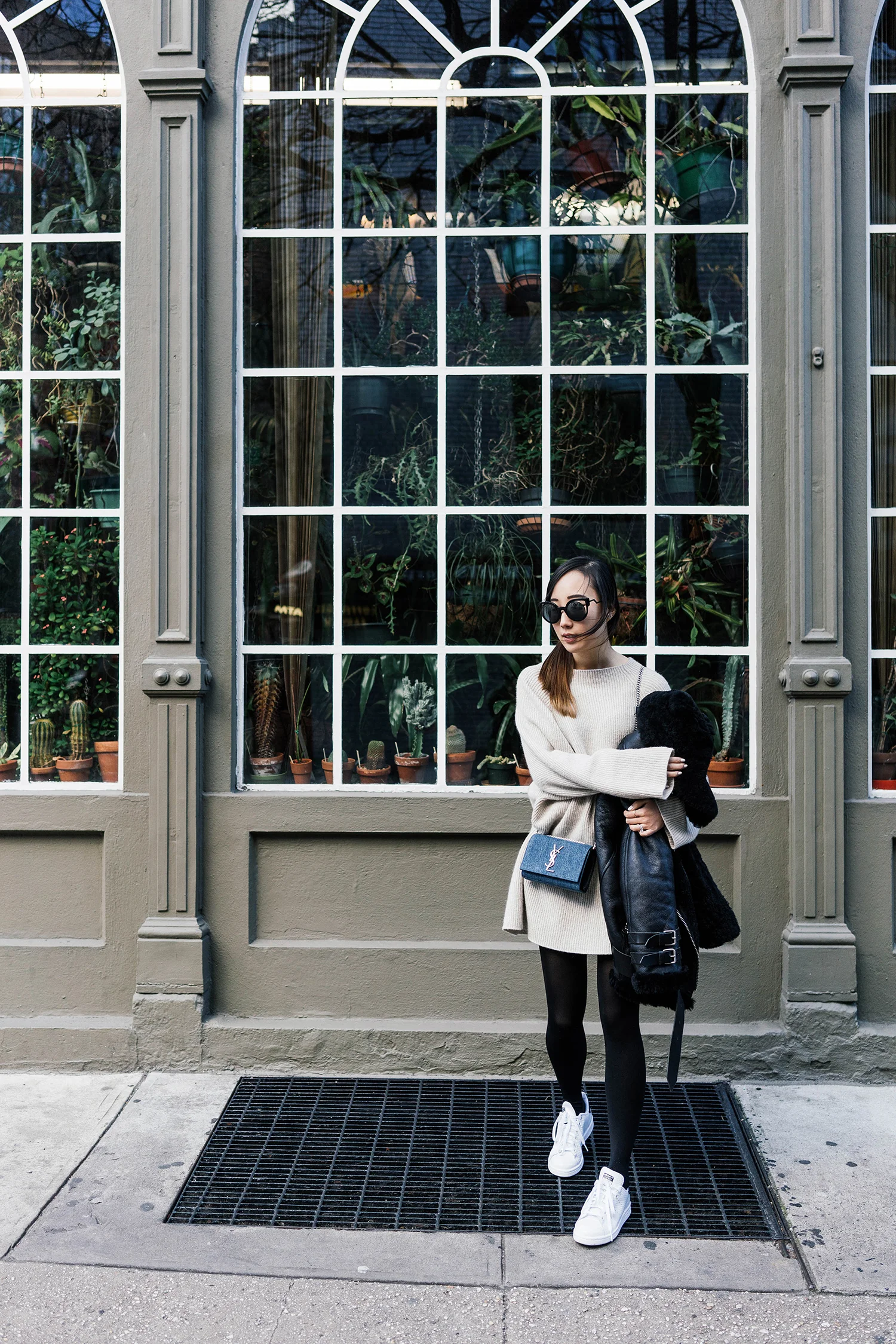 Acne Studios Coat, The Row Sweater, Saint Laurent Bag , Fendi Sunglasses , Adidas Sneakers , Movado Watch , Euna Joyce Jewelry , AVEC New York Jewelry
