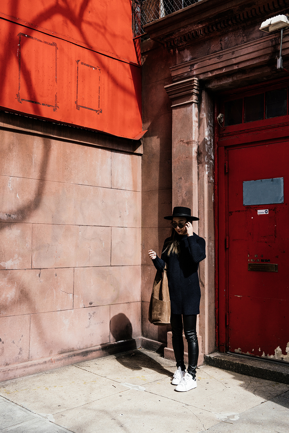 Everlane Sweater , Rag & Bone Pants , A.L.C. Bag , Adidas Sneakers, Janessa Leone Hat