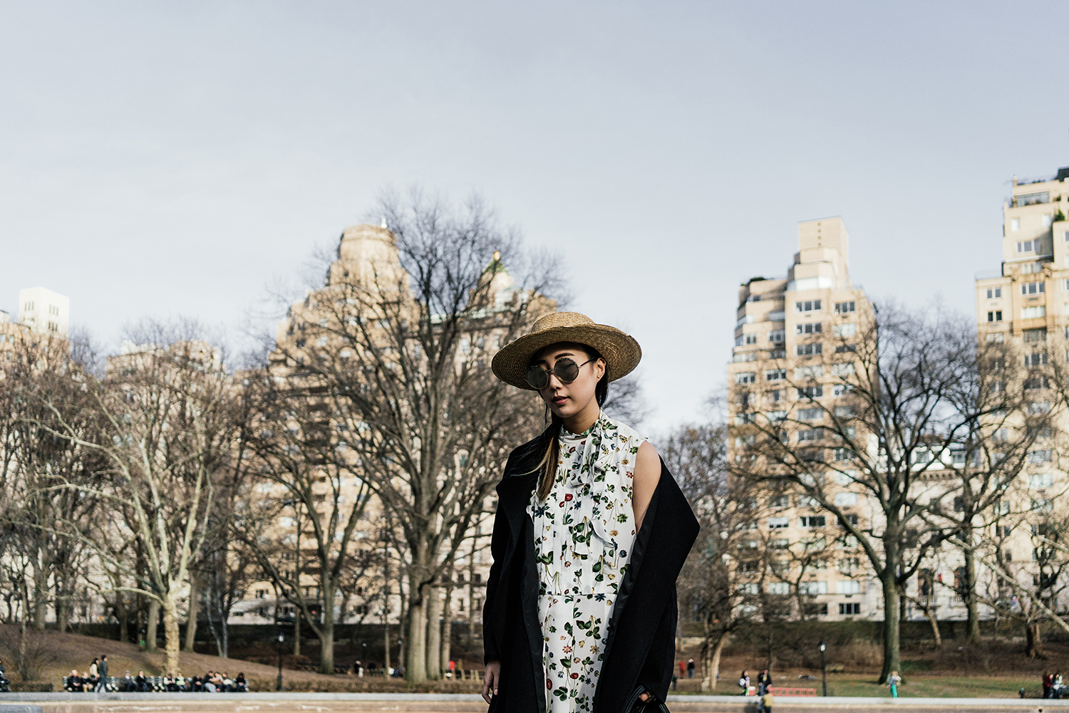 Kuho Coat, Cacharel Dress , Chloe Bag , Givenchy Sandals ( Black ), Janessa Leone Hat , Cutler and Gross Sunglasses