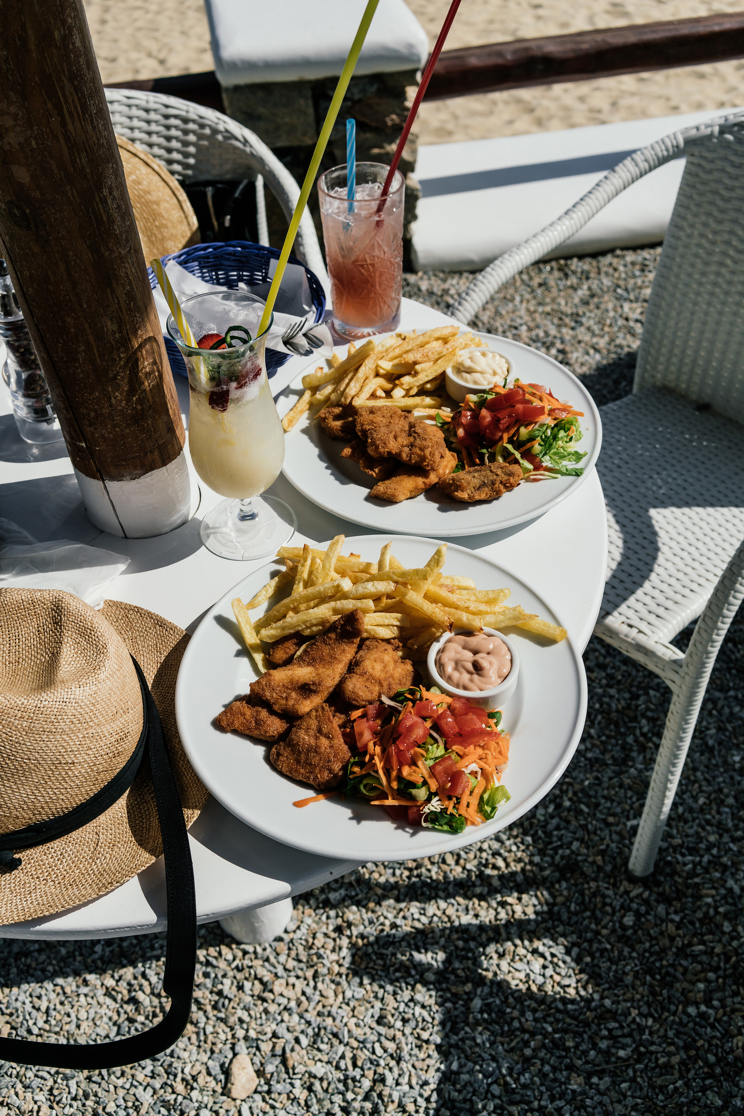 Beach lunch of cod fritters and chicken nuggets at Cavo Psarou
