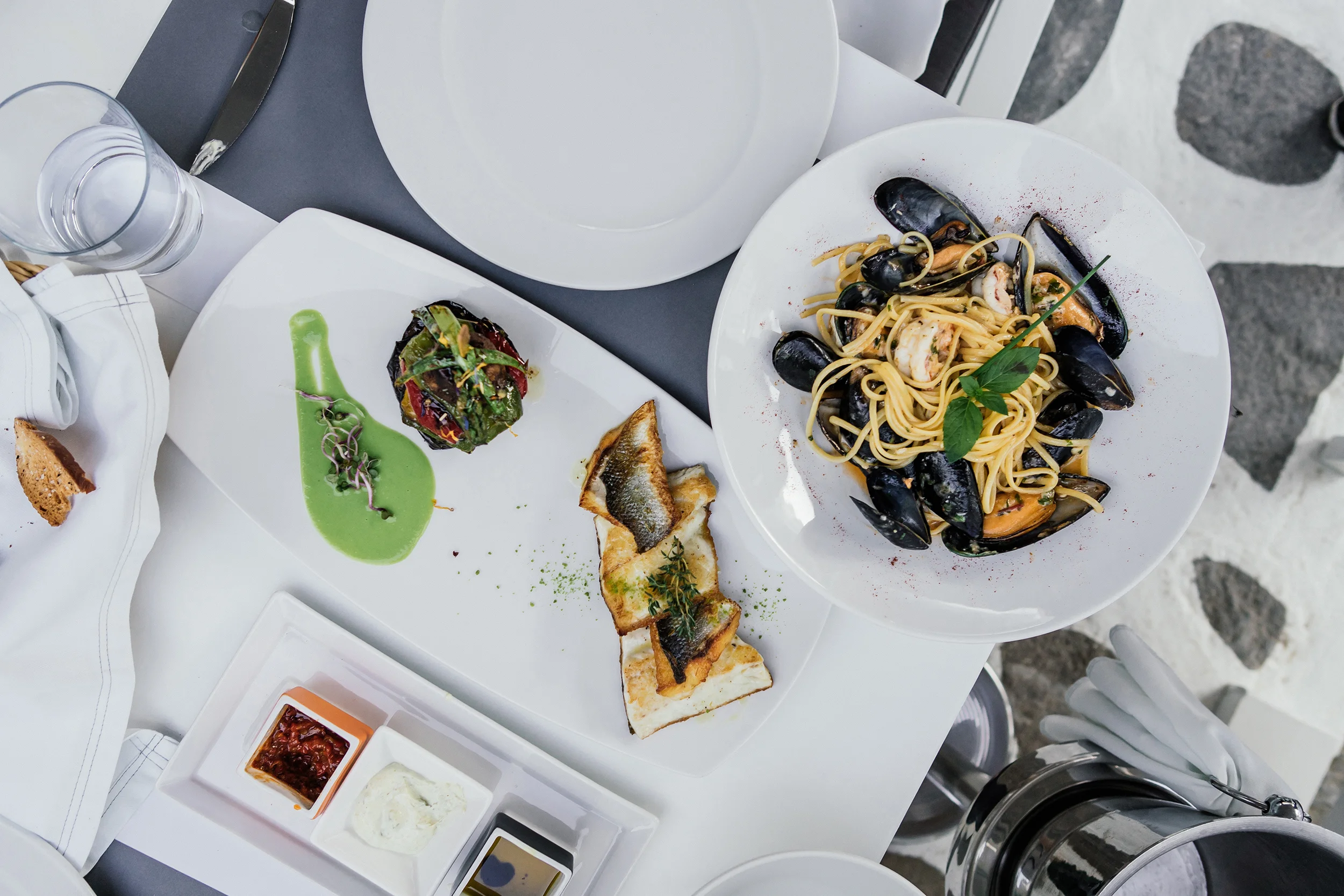 Koursaros for fresh sea bass and seafood linguine