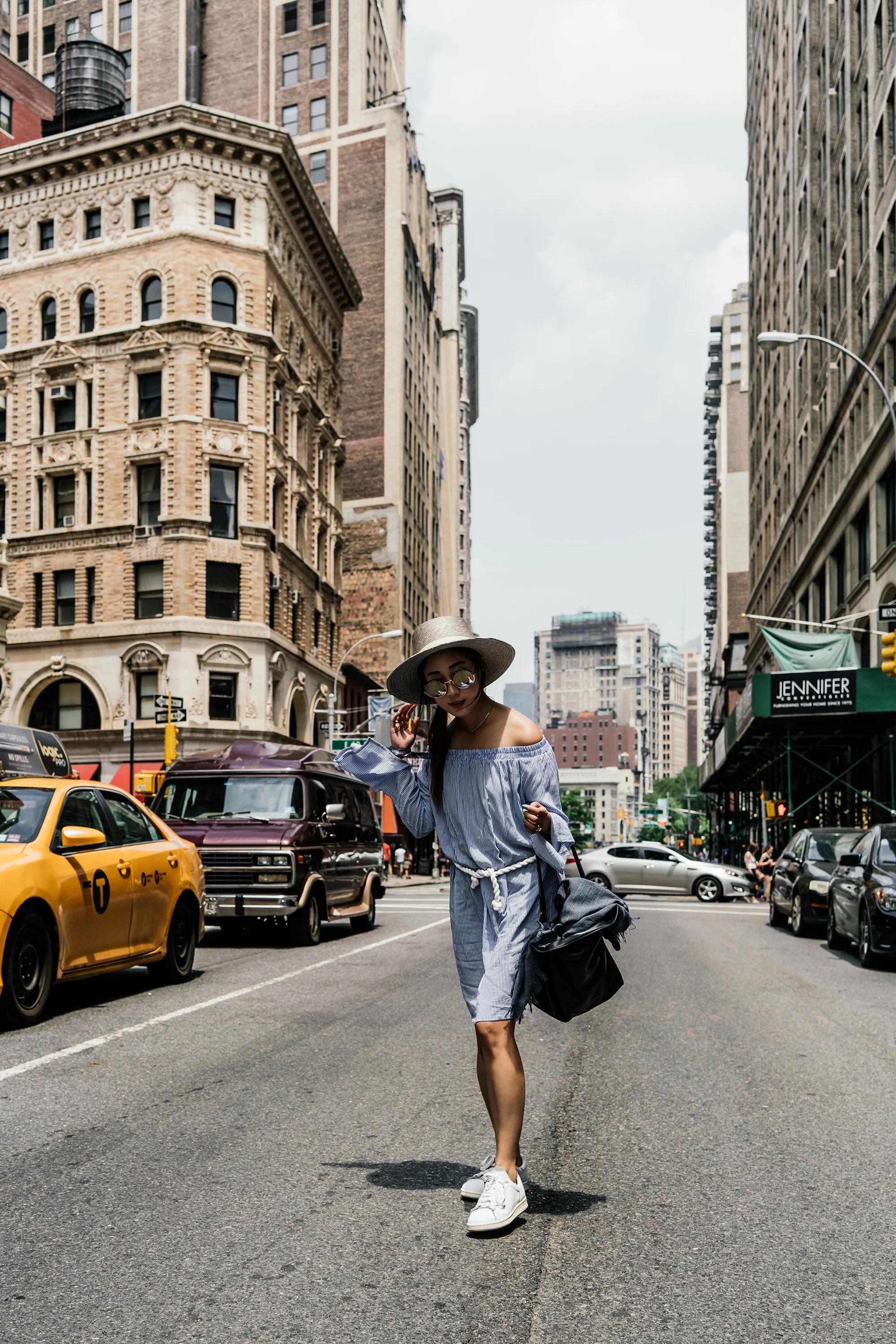 Faithfull the Brand Dress , Adidas Shoes, Janessa Leone Hat , Loewe Bag , Cutler and Gross Sunglasses