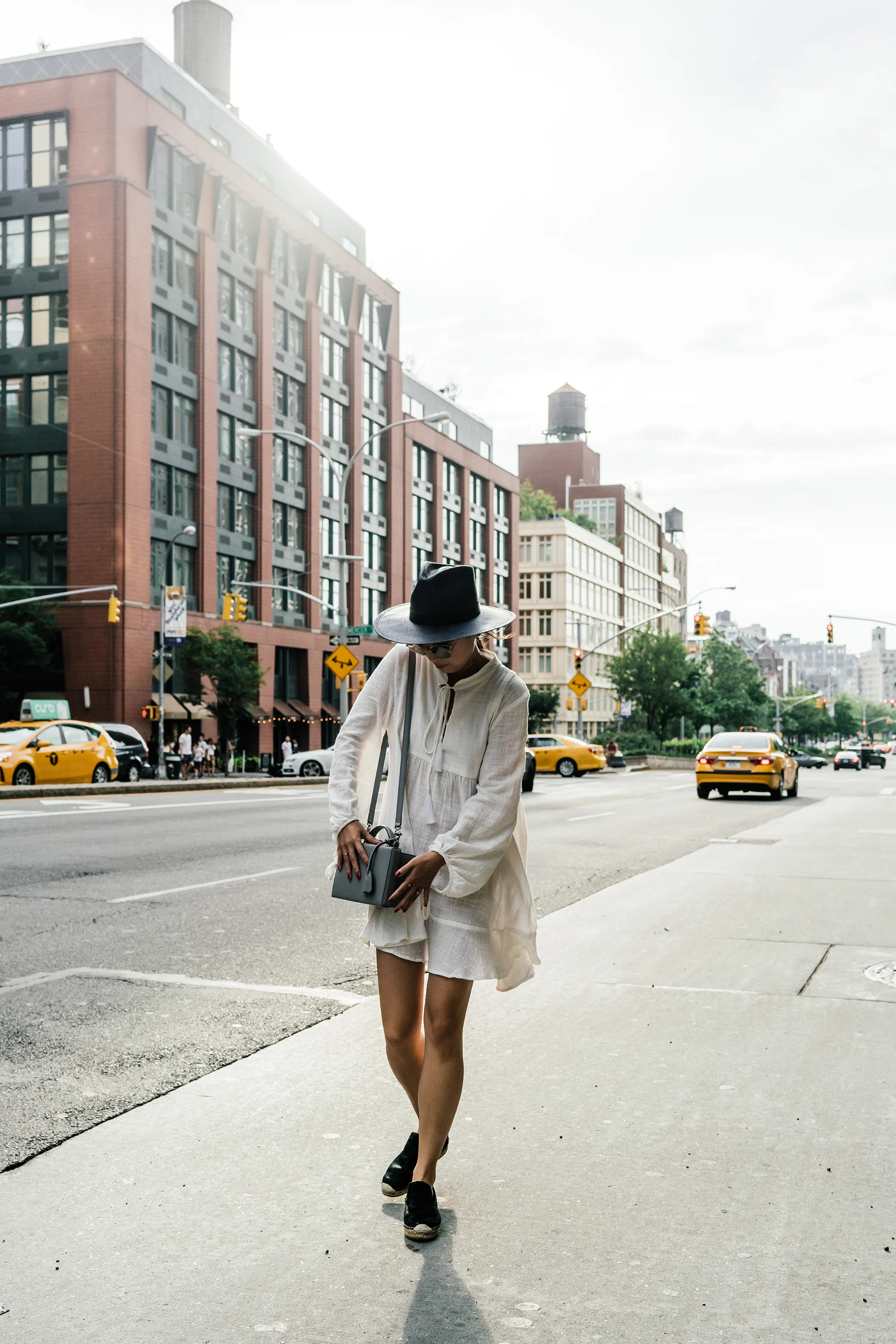 Natalie Martin Dress , Céline Shoes, Mark Cross Bag , Dita Sunglasses , Janessa Leone Hat , Jennie Kwon Choker