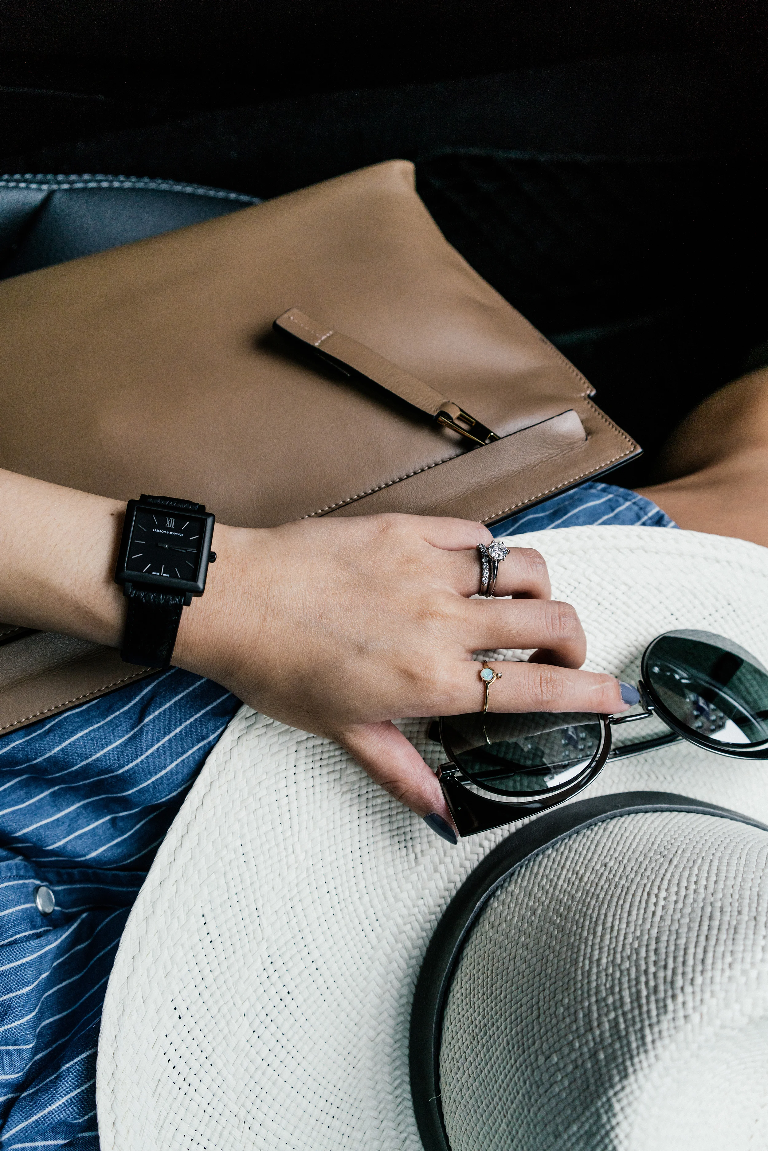 Sezane Dress , Loewe Pouch , Janessa Leone Hat , Fendi Sunglasses ( White ), Larsson & Jennings Watch , Wwake Ring
