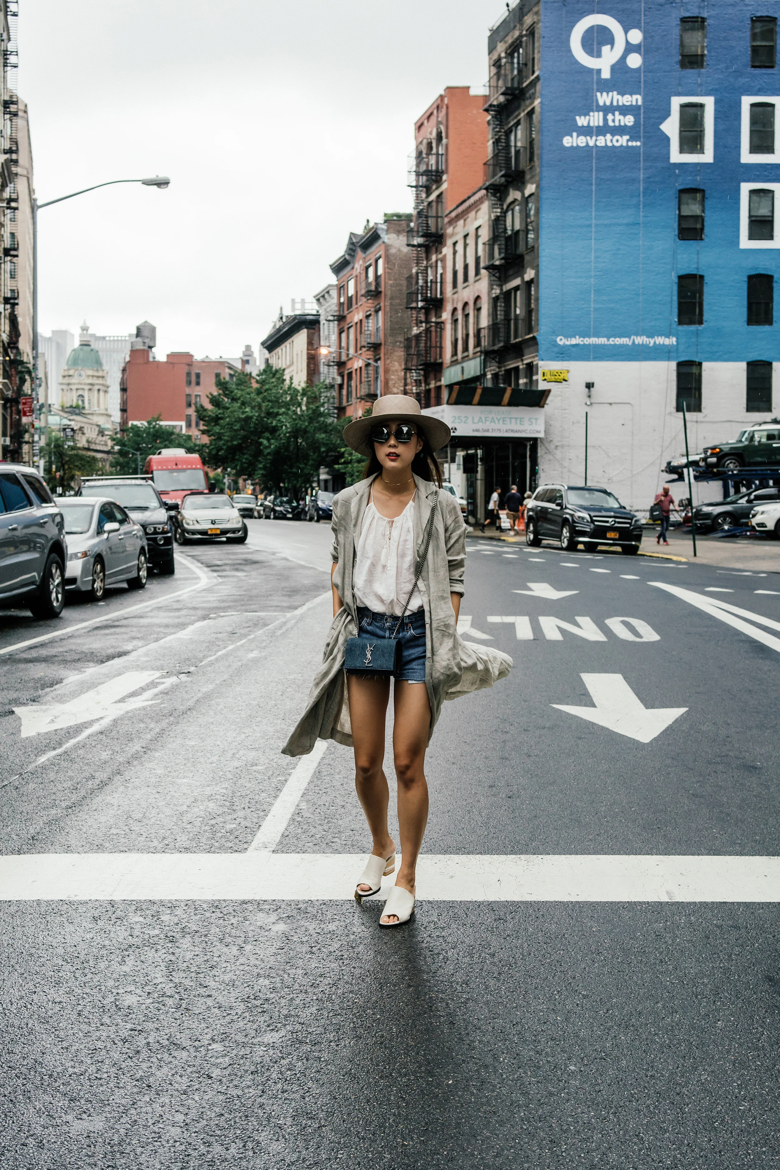 Pas de Calais Jacket, Nili Lotan Top, Re/Done Denim , Saint Laurent Bag, Dear Frances Shoes , Janessa Leone Hat , Fendi Sunglasses