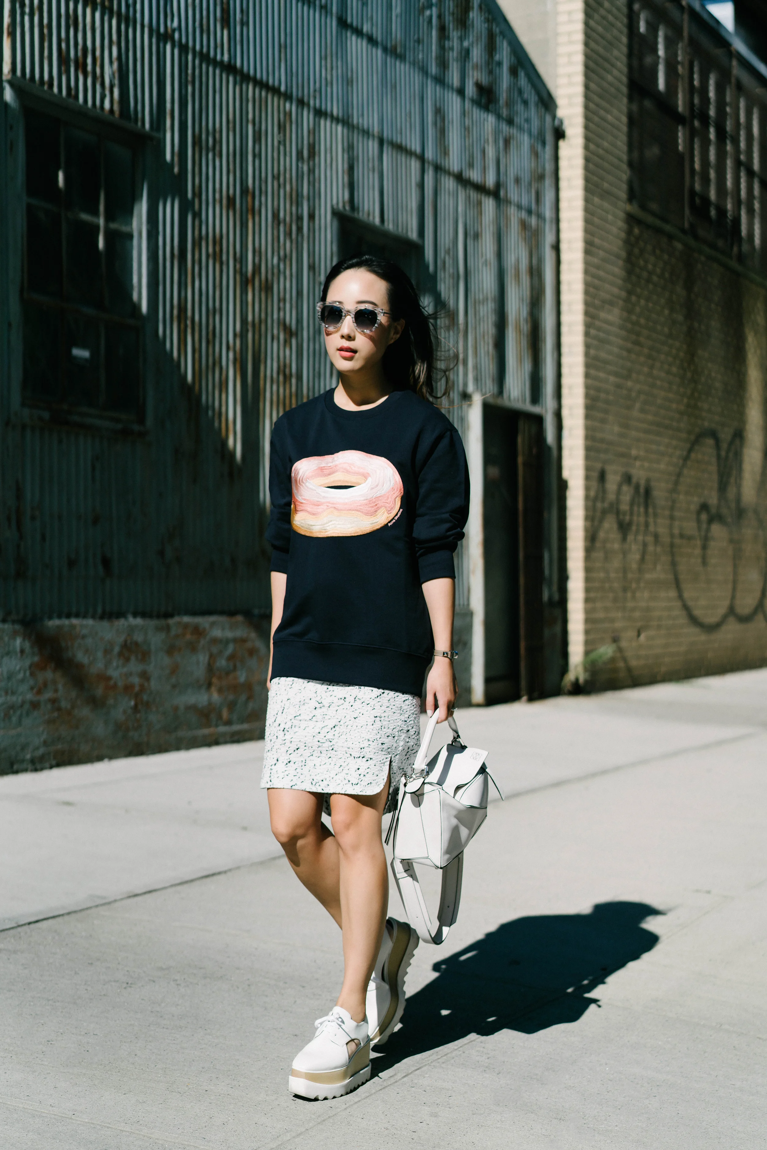Acne Studios Top , COS Skirt, Stella McCartney Shoes, Loewe Bag , Thierry Lasry Sunglasses, Hermes Watch