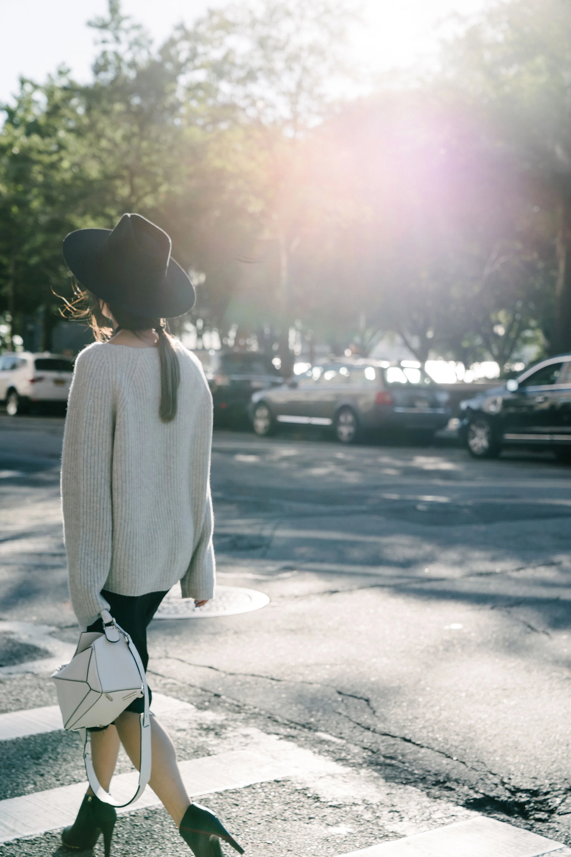 Nili Lotan Sweater and Slip Dress , Chanel Shoes, Loewe Bag , Janessa Leone Hat