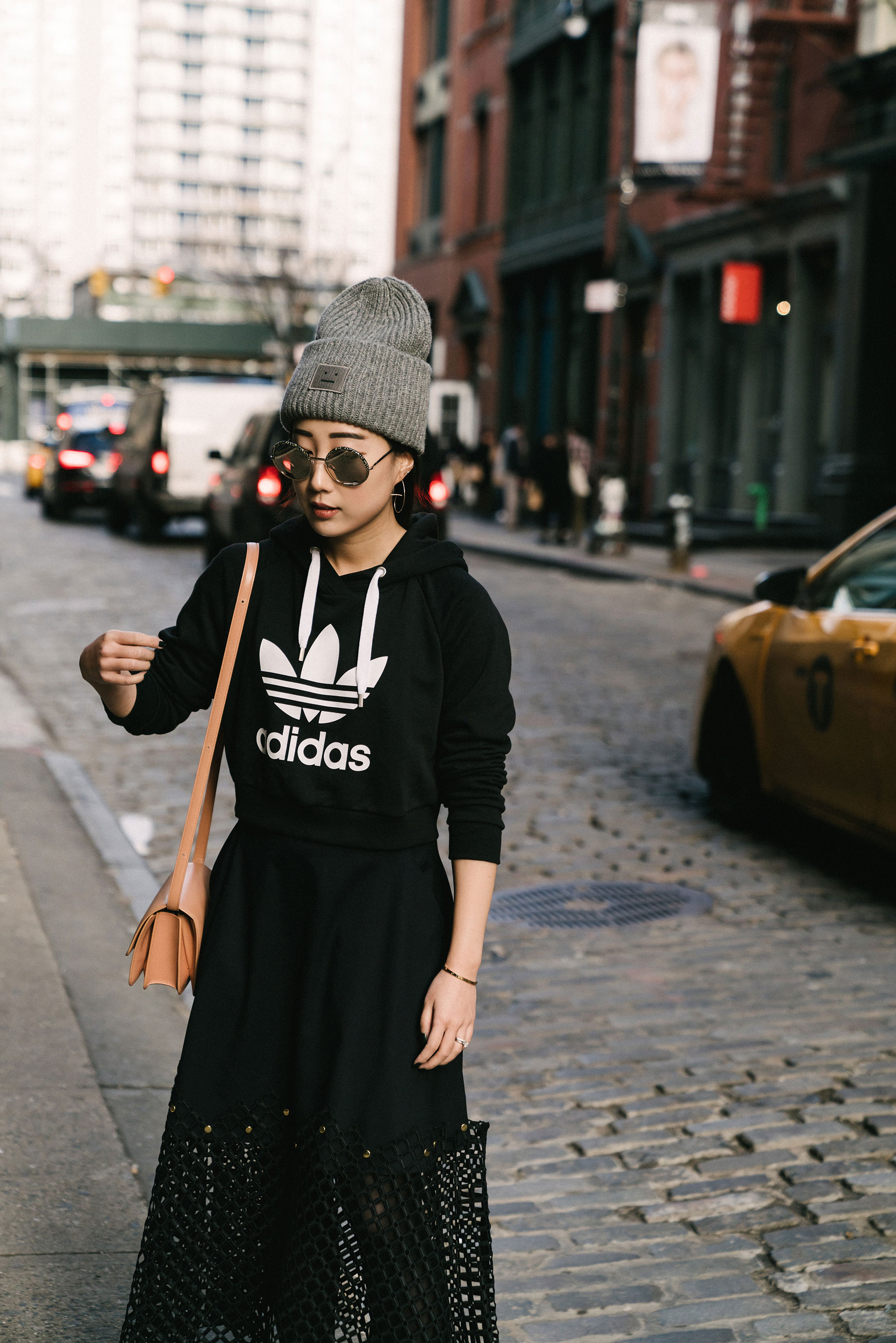 adidas Top , Kolor Skirt, Céline Bag , Acne Studios Hat , Cutler and Gross Sunglasses, Cartier Bracelet, Hirotaka Earrings