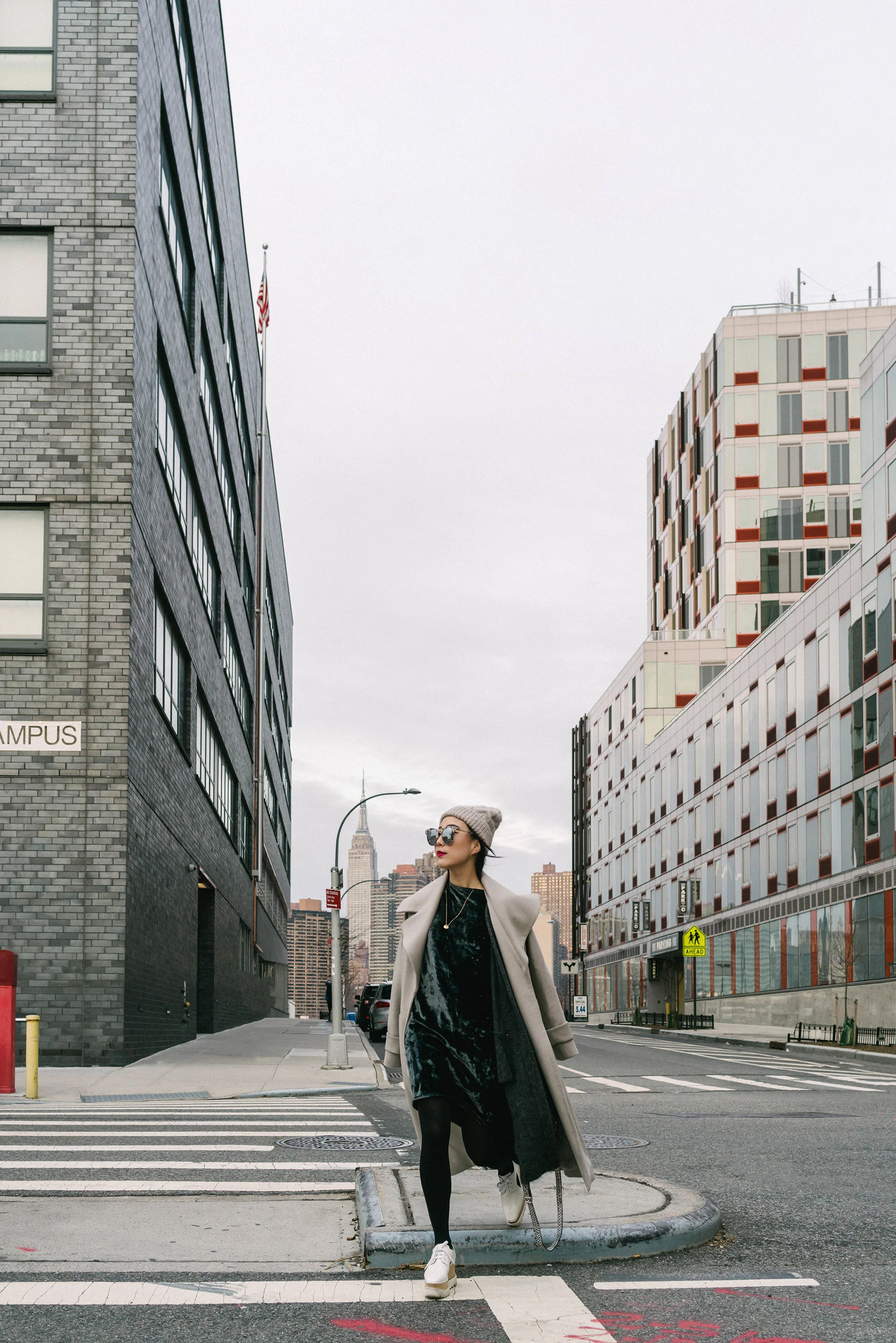 Michelle Waugh Coat , Acne Studios Dress, Stella McCartney Shoes, Proenza Schouler Bag, & Other Stories Beanie, Cartier Necklace