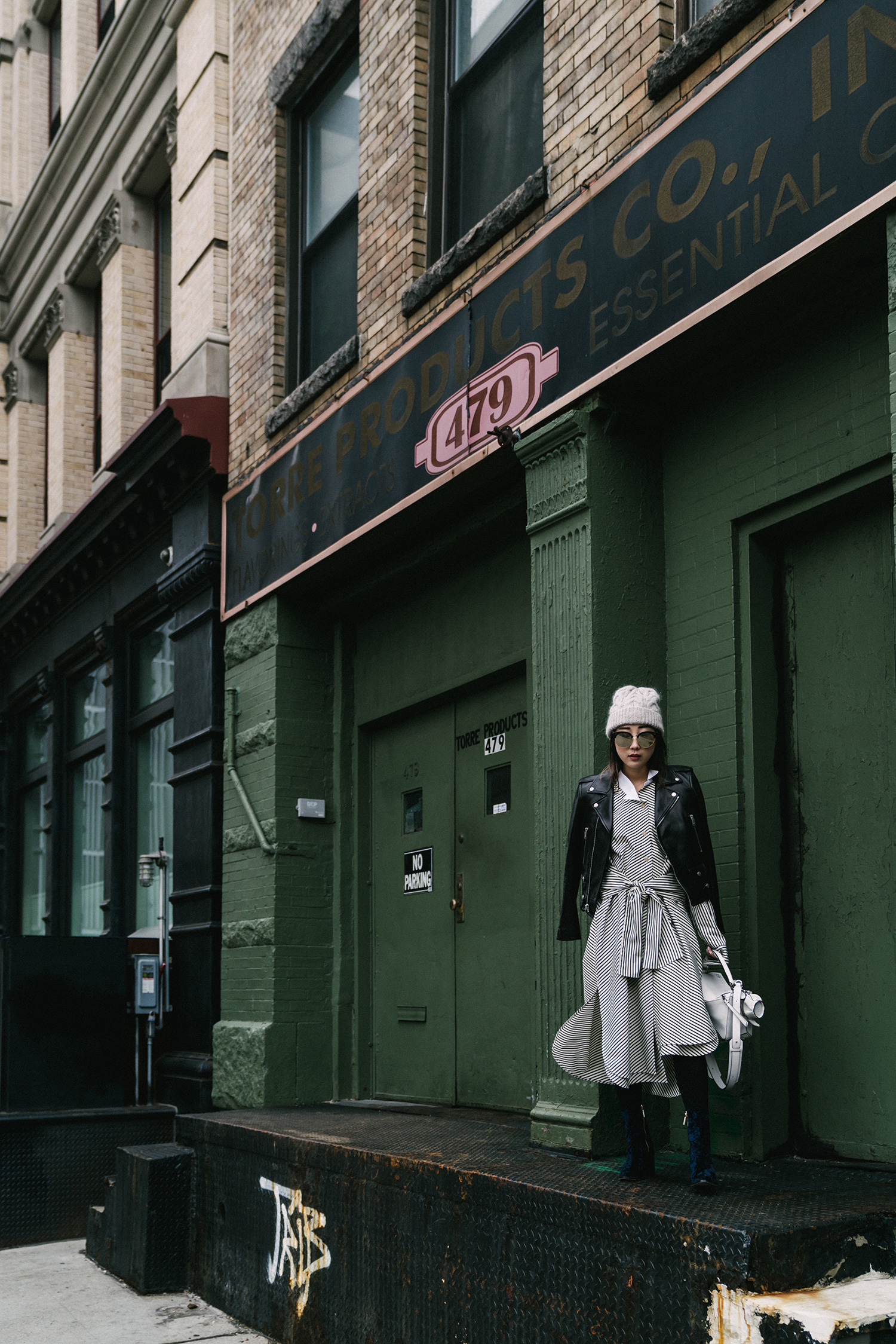 Saint Laurent Jacket , Loewe Dress and Bag , Dear Frances Boots , Gentle Monster Sunglasses , COS Beanie