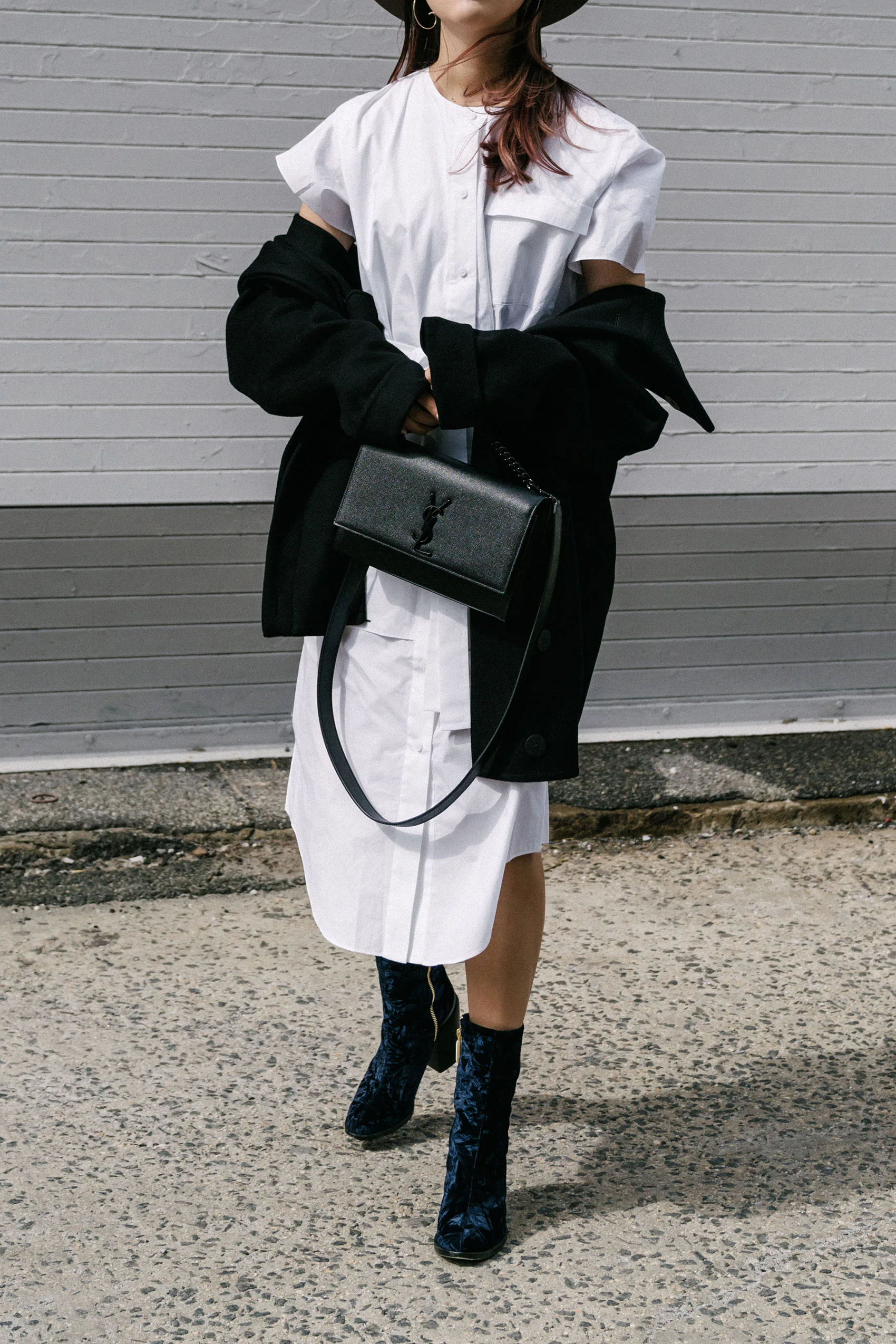 Michelle Waugh Coat , COS Dress , Dear Frances Boots , Saint Laurent Bag, Janessa Leone Hat , Céline Sunglasses