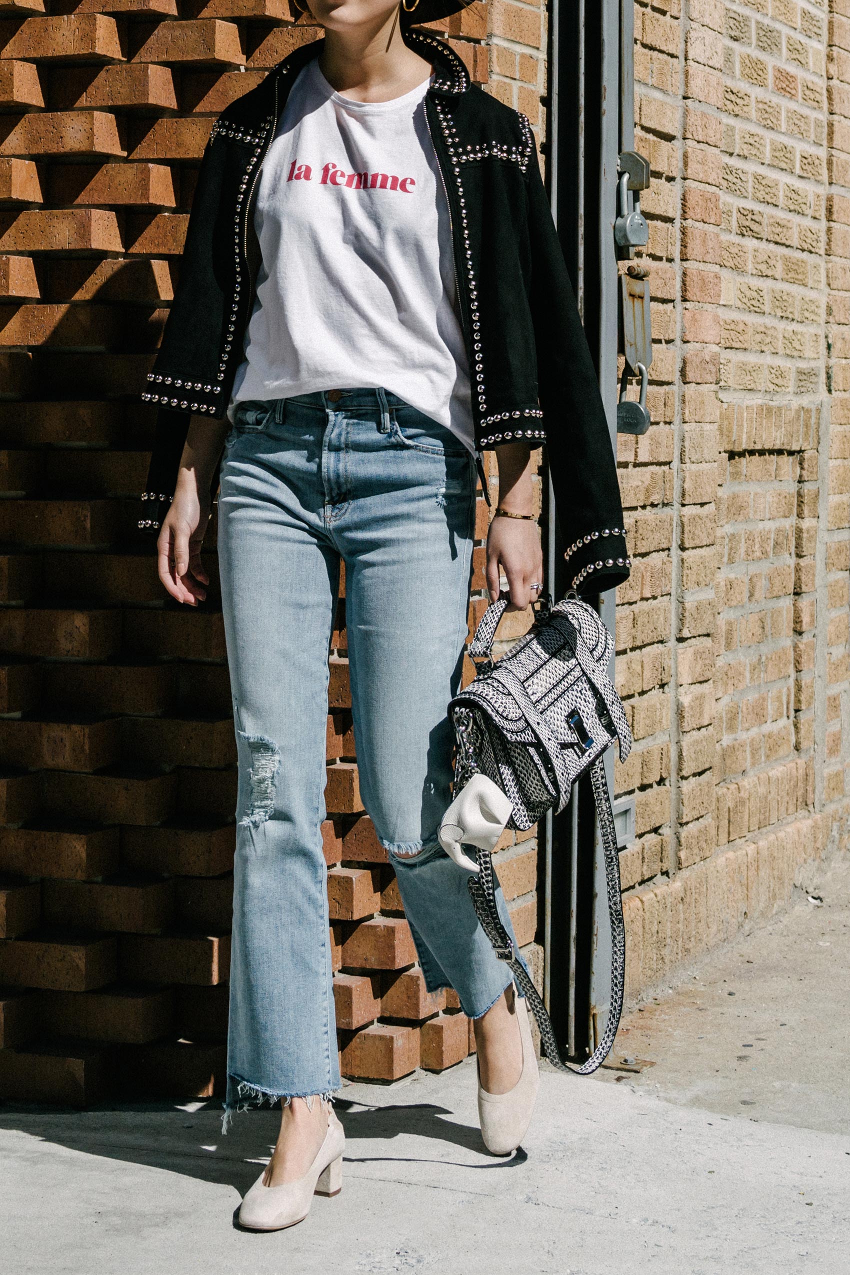 Sézane Jacket and Shirt , Mother Denim , Everlane Shoes , Proenza Schouler Bag, Loewe Keychain