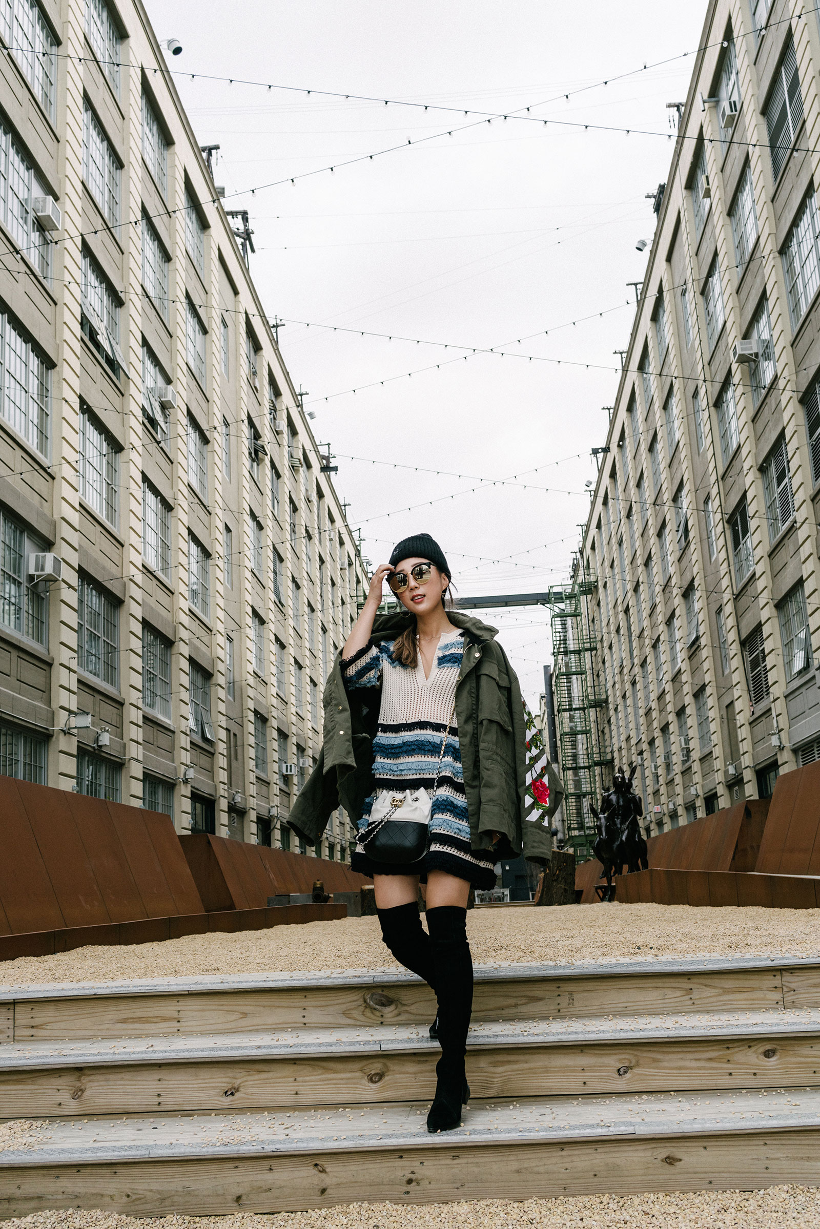 Off-White c/o Virgil Abloh Jacket , Eleven Six Dress , Sigerson Morrison Shoes , Chanel Bag, Acne Studios Beanie, Gentle Monster Sunglasses