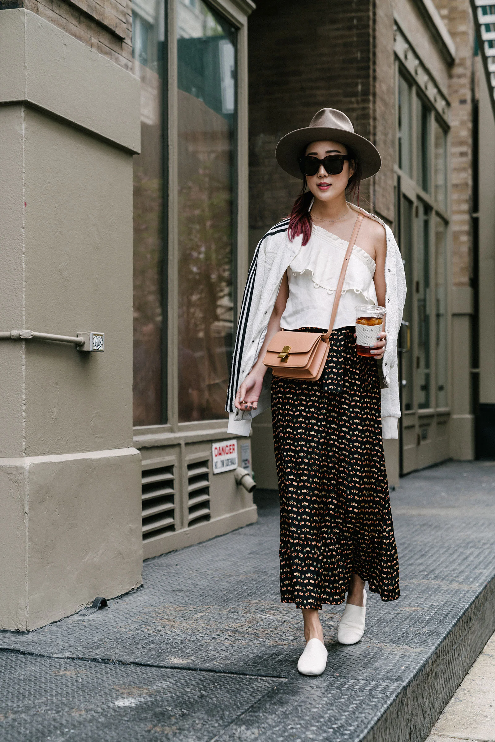Adidas Jacket, Apiece Apart Top , Sézane Skirt , Vince Shoes , Céline Bag and Sunglasses