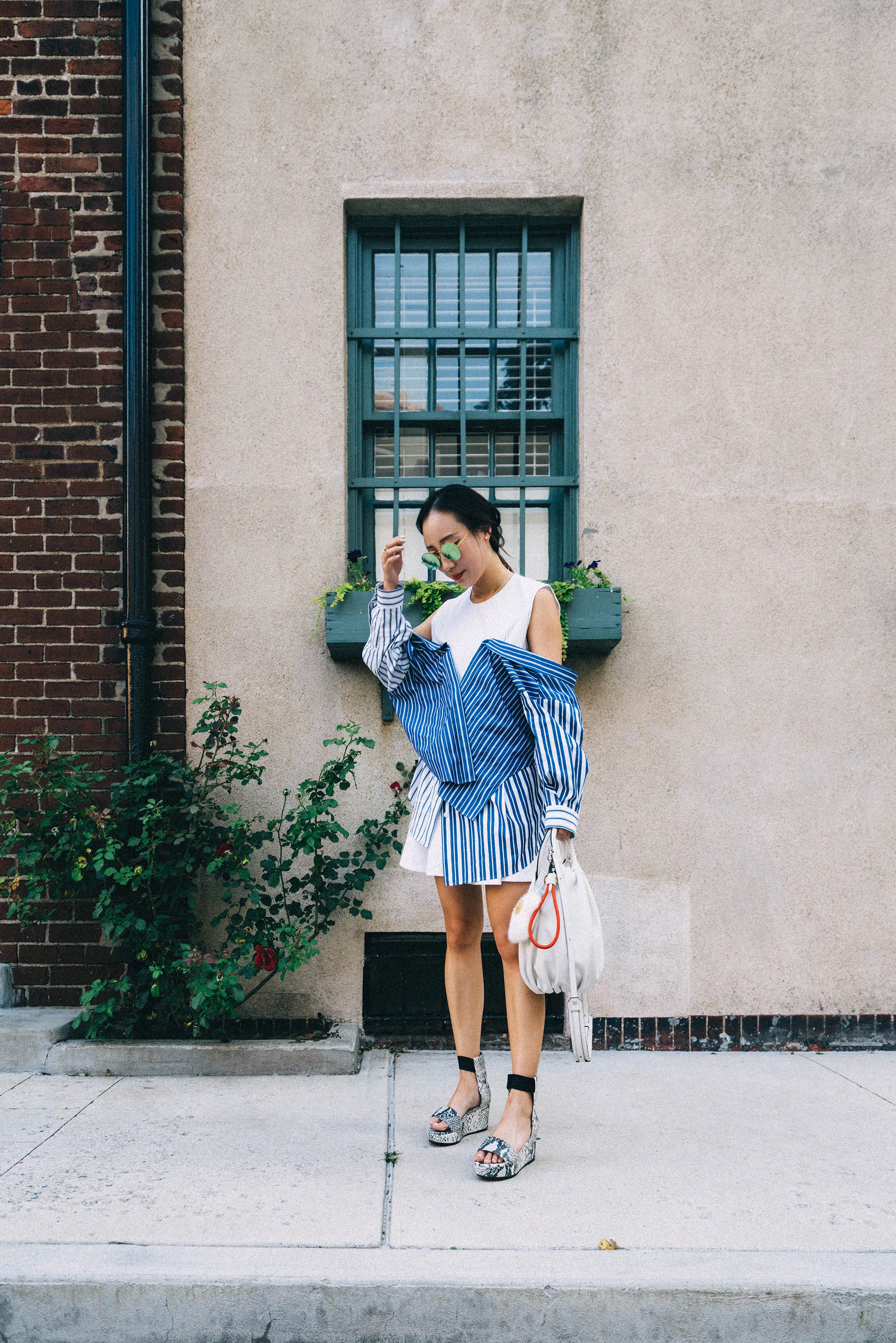Enfold Top, COS Skirt, Seven All Around Sandals , Loewe Bag