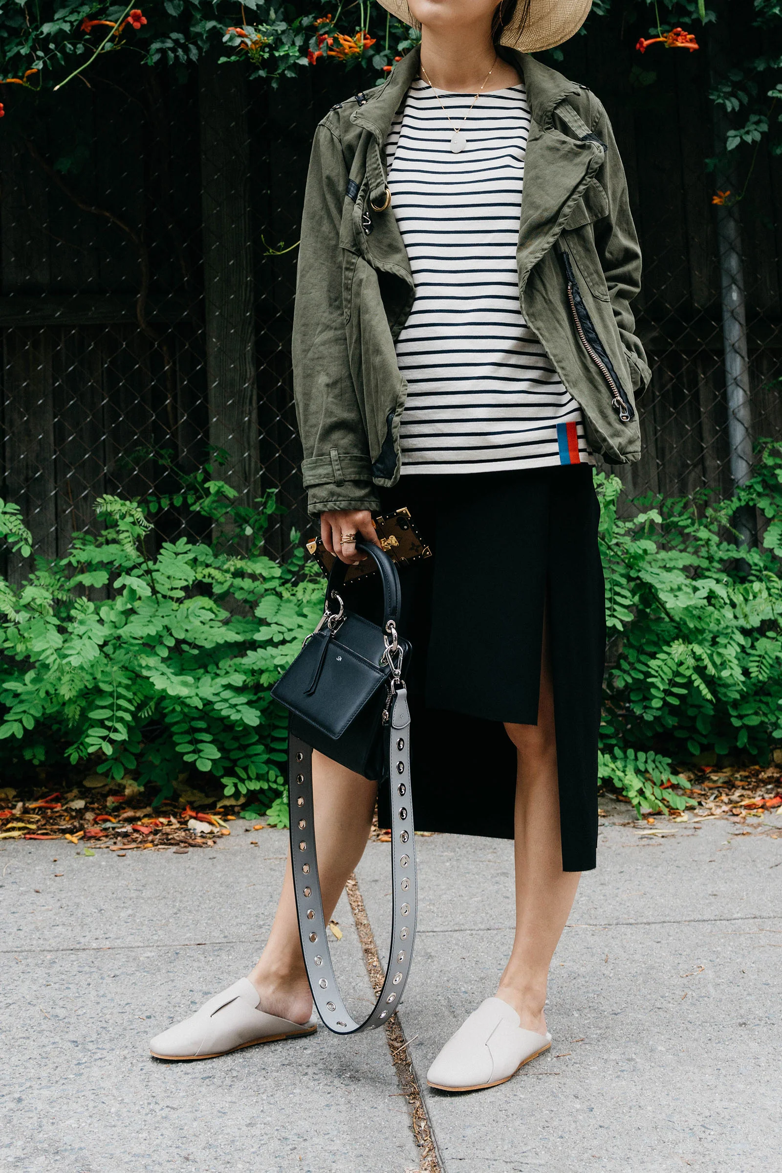 NSF Jacket , Kule Stripes Top , COS Skirt and Shoes, 324 New York Bag and Strap
